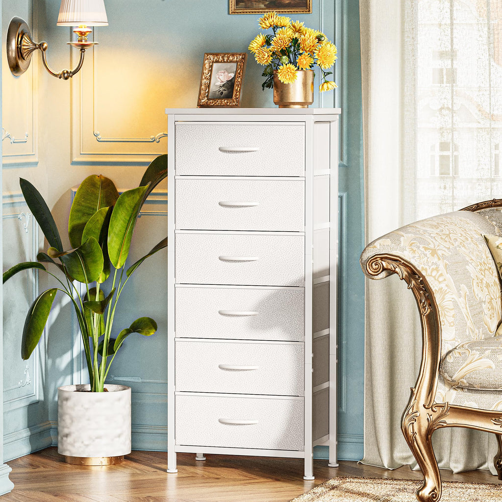 Huuger 43.3" 6 Drawer Fabric Dresser White Metal Frame Bedroom Storage