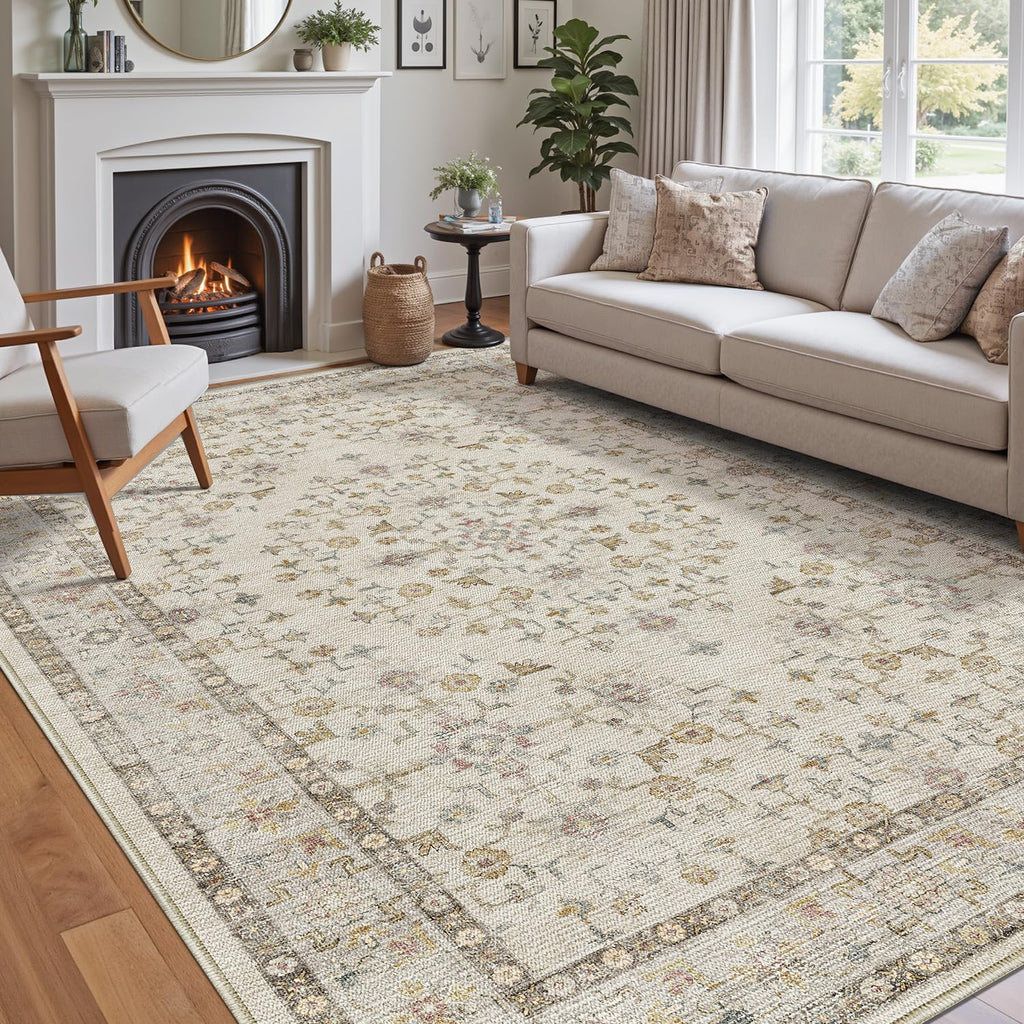 DEXI 4x6 Floral Washable Low Pile Area Rug Non Slip Blue Grey Polyester