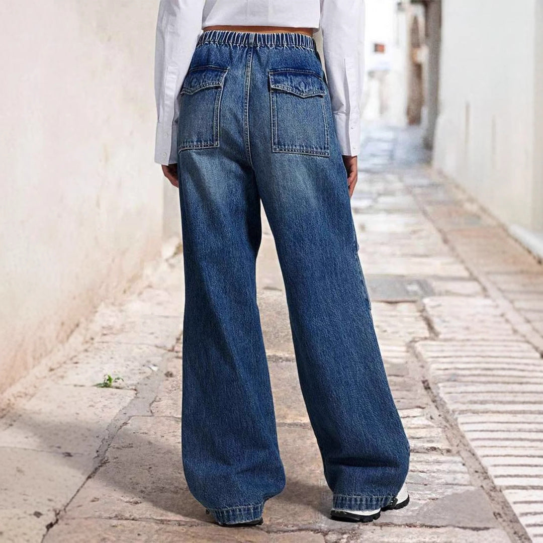 Mid waist wide leg pleated loose jeans women's street retro straight leg pants women