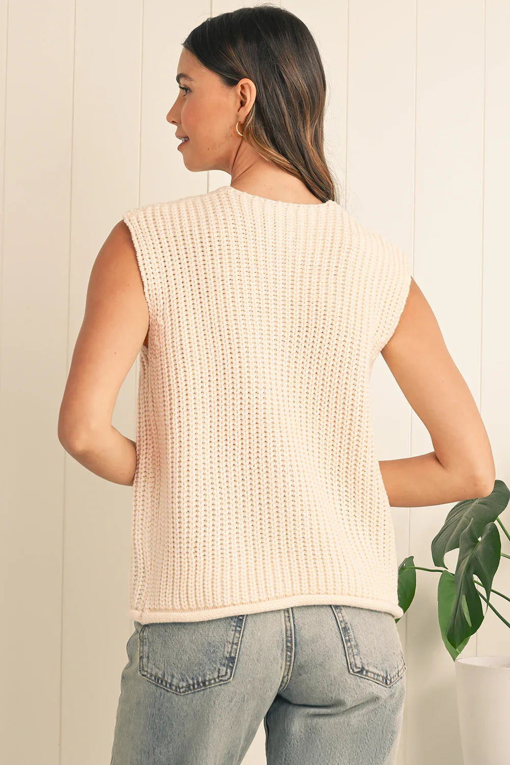 Fiery Red Solid Textured Knit Side Pockets Buttoned Sweater Vest