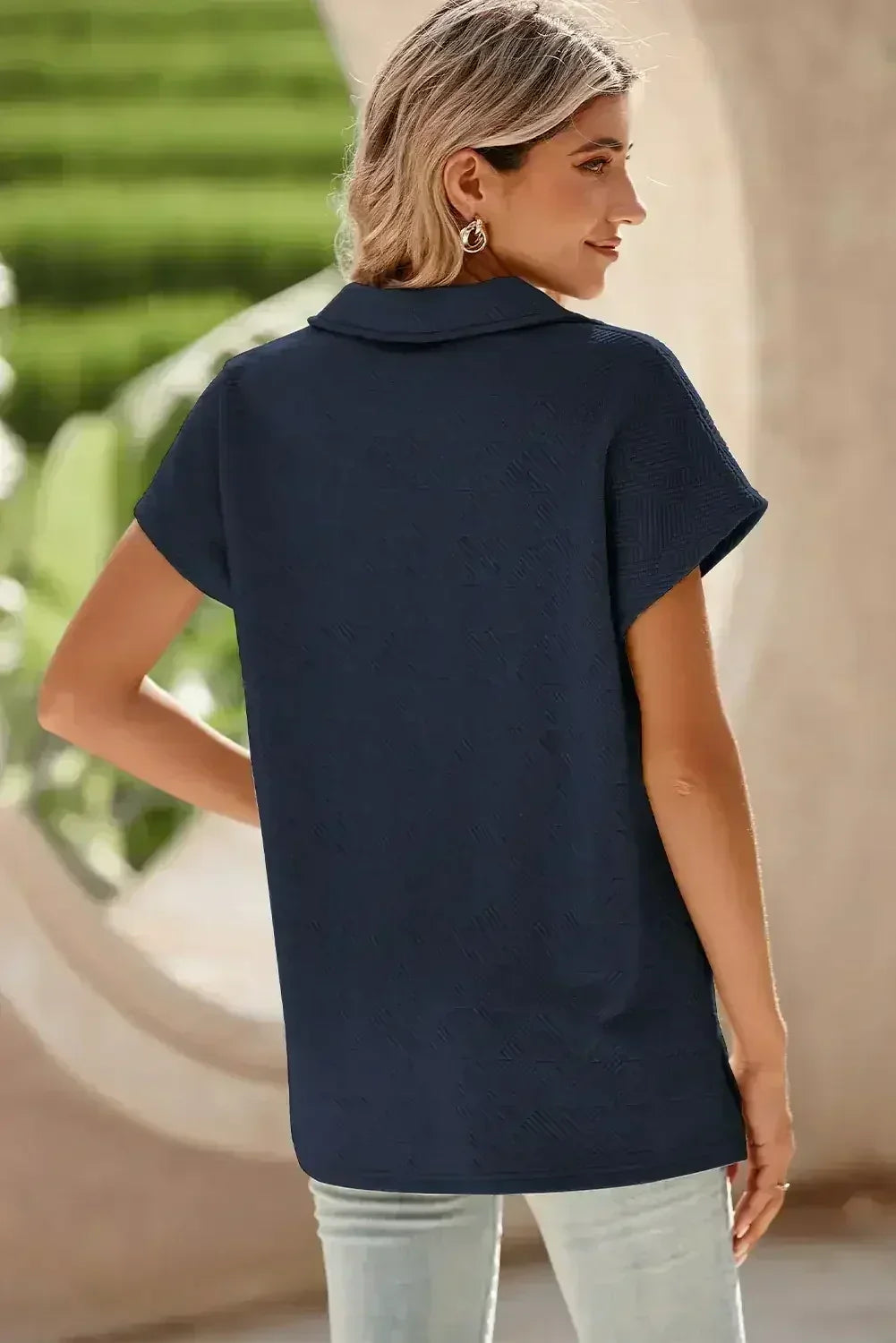 White Textured V Neck Collared Split Hem T Shirt