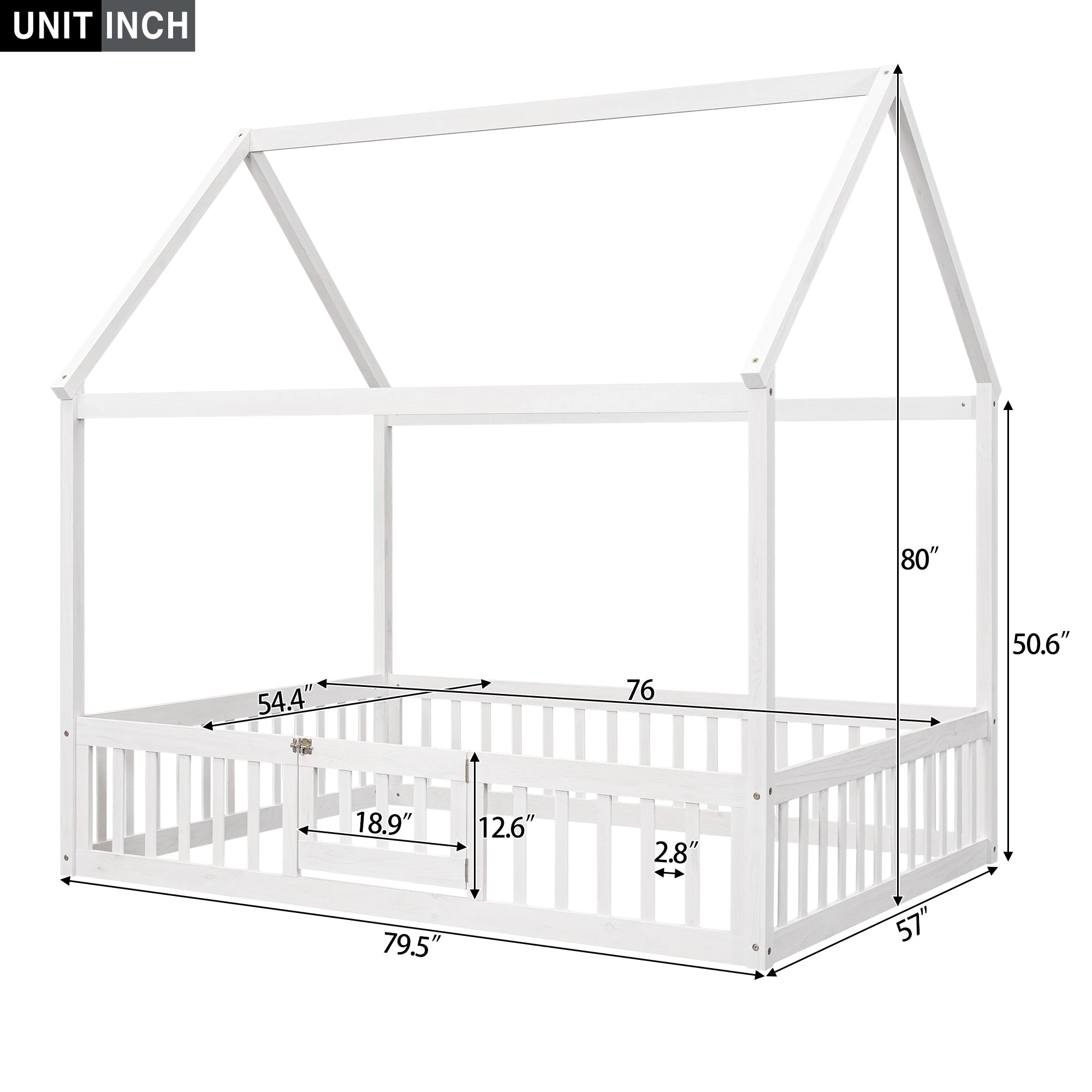 Full Size Wood House Bed with Fence and Door White Wash