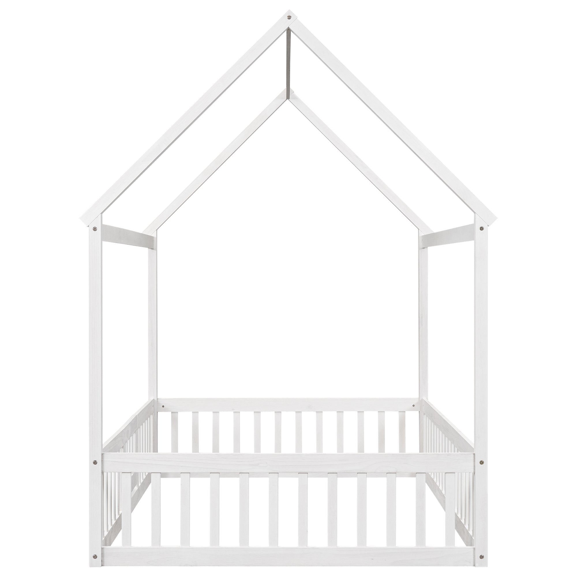 Full Size Wood House Bed with Fence and Door White Wash