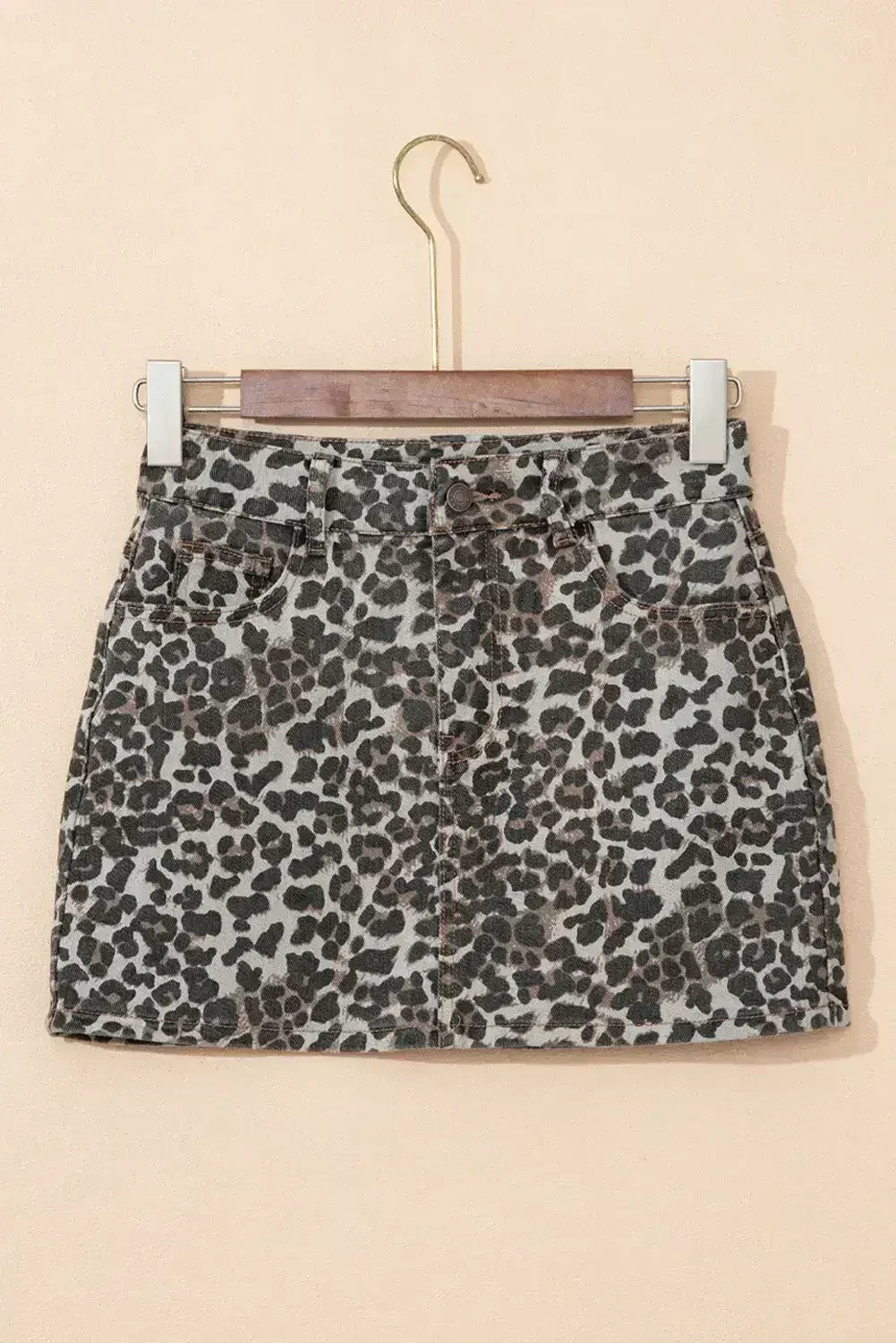 Khaki Allover Leopard Print Denim Mini Skirt