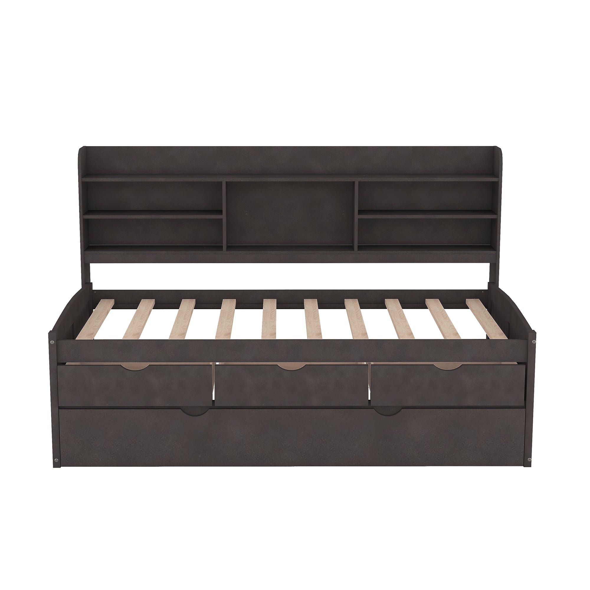 Twin Size Wooden Captain Bed with Built-in Bookshelves,Three Storage Drawers and Trundle,Antique Gray