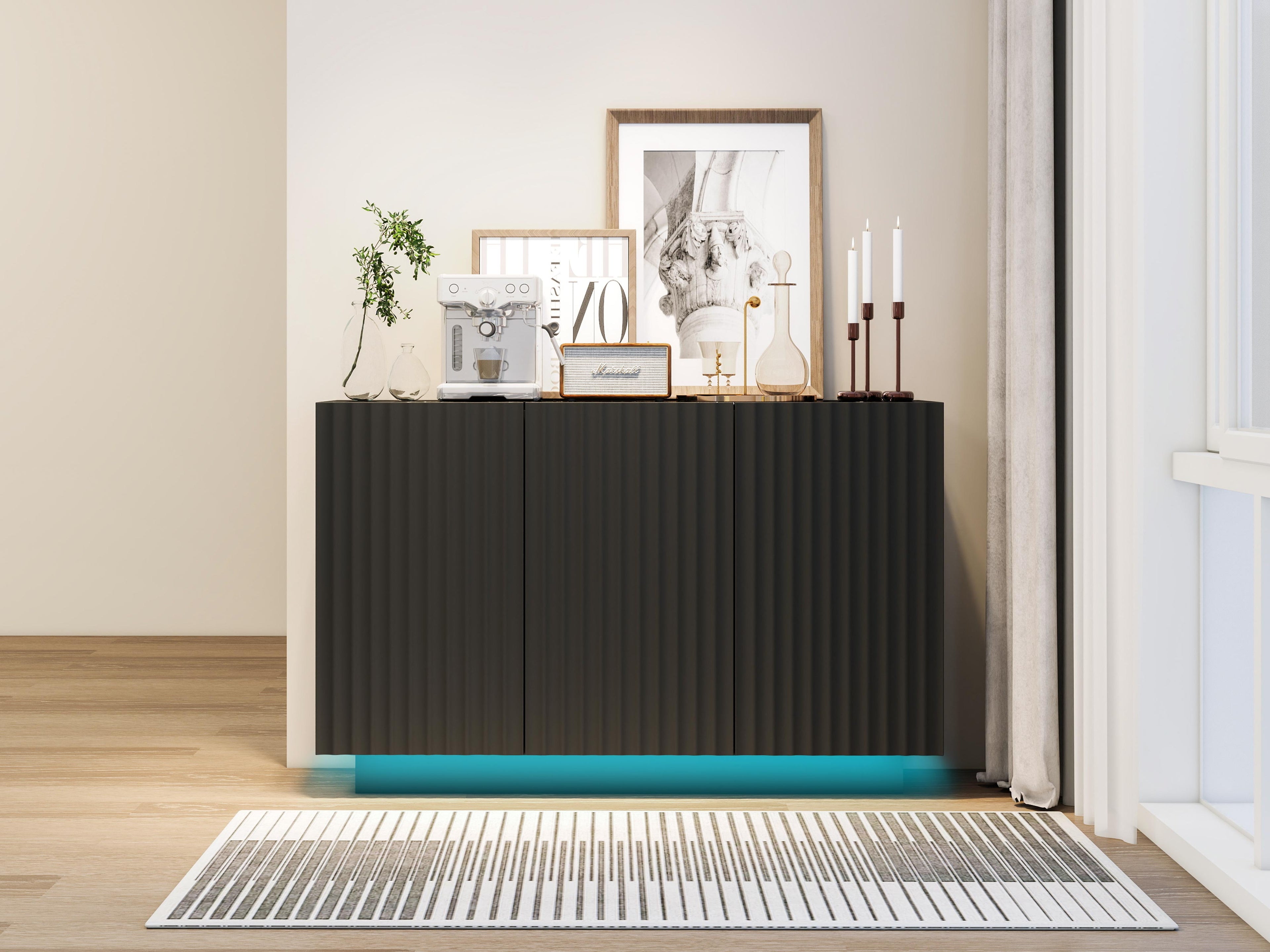 LED Carved Line 3 Door Storage Cabinet,Sideboard Buffet Cabinet With Adjustable Shelf,Large Storage Accent Cabinet