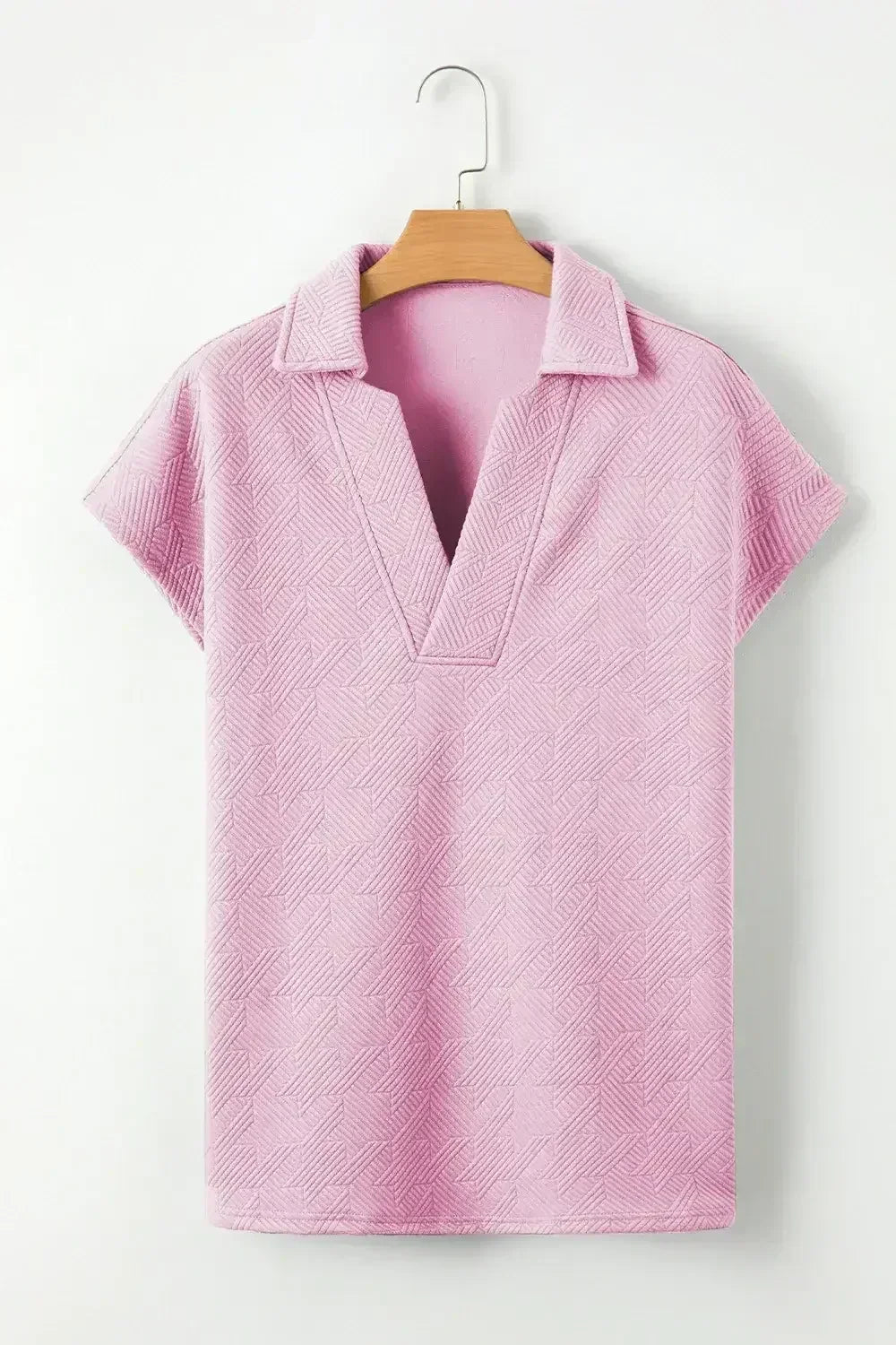 White Textured V Neck Collared Split Hem T Shirt