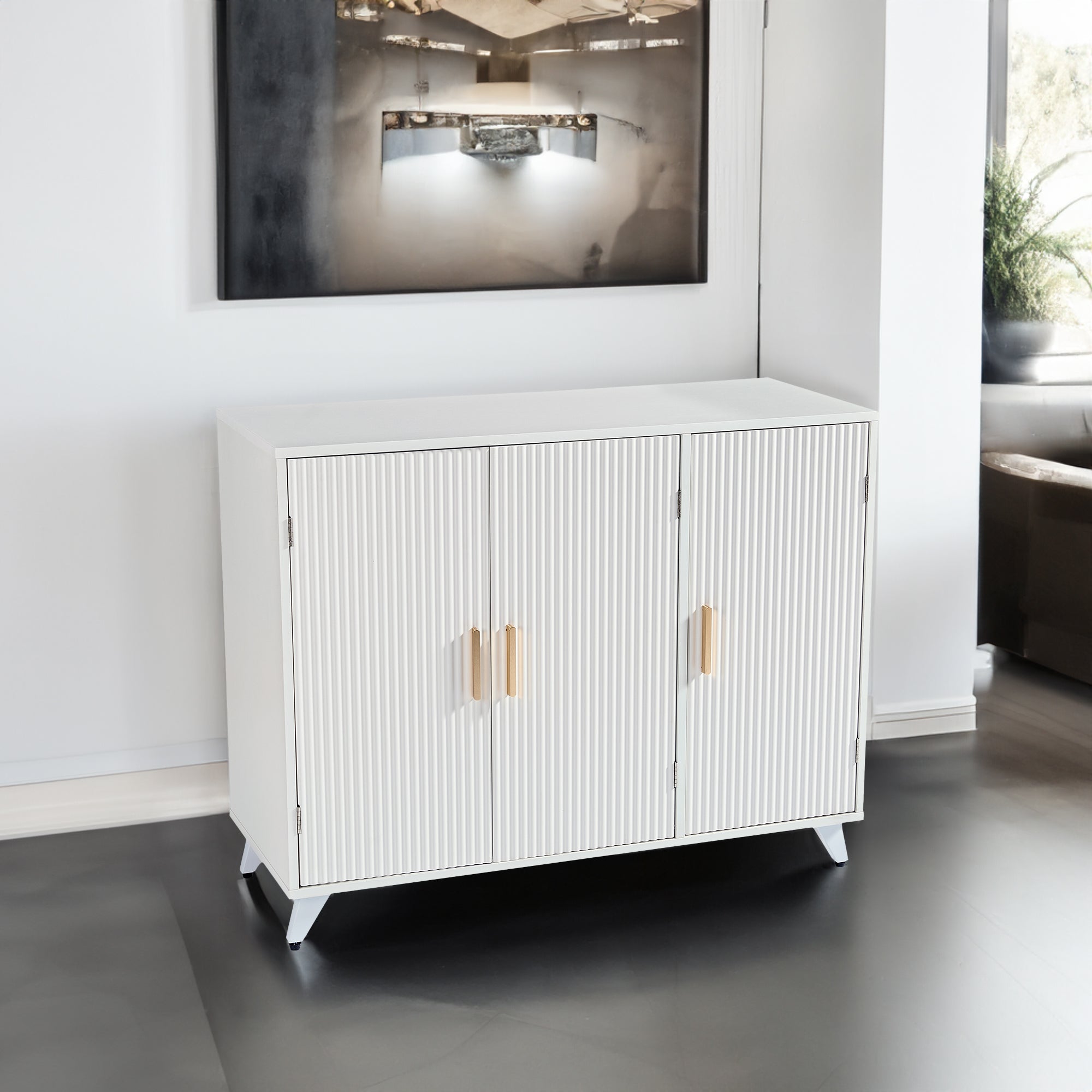 ideboard with wavy texture buffet cabinet, white accent cabinet with door, modern bookcase for kitchen living room