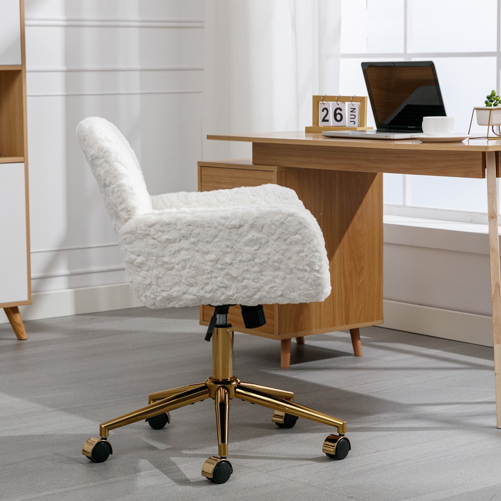 Artificial rabbit hair gold metal base home office chair adjustable chair rotating office chair, dressing chair (beige)