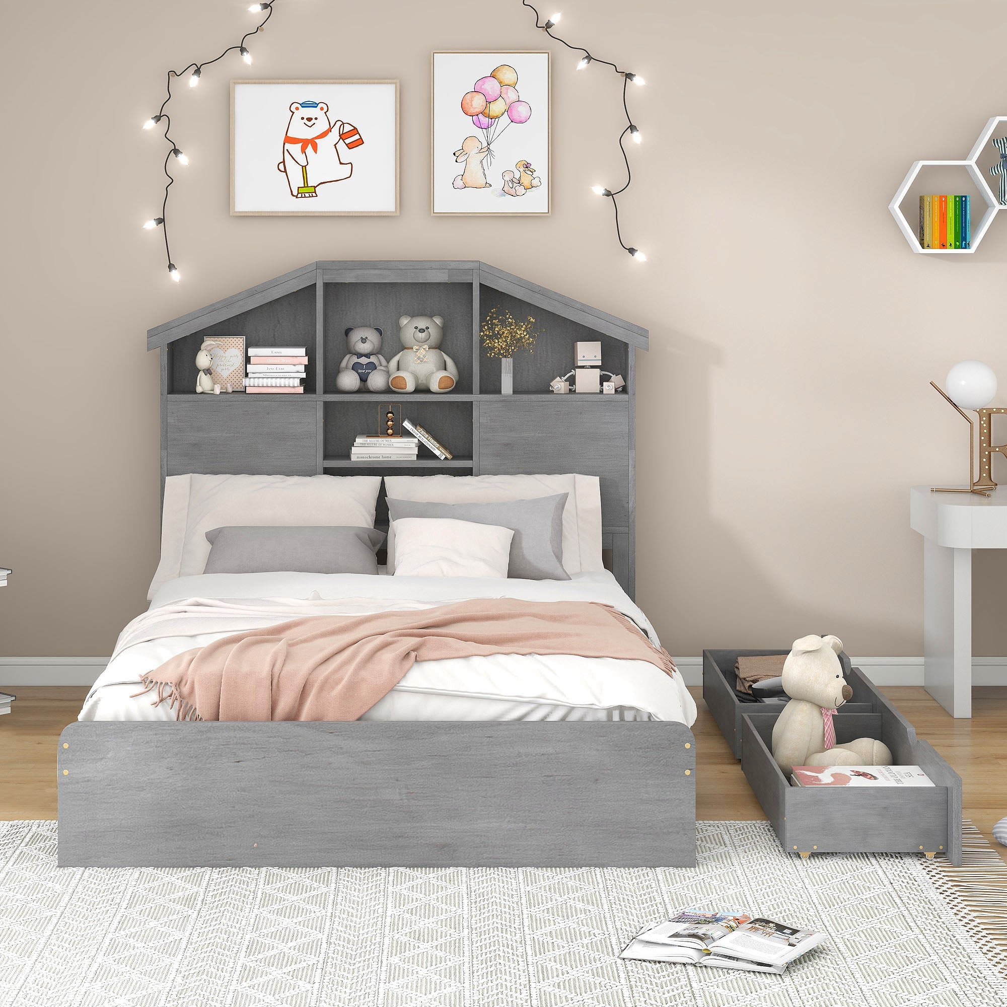 Full Size Wood Platform Bed with House-shaped Storage Headboard and 2 Drawers Gray