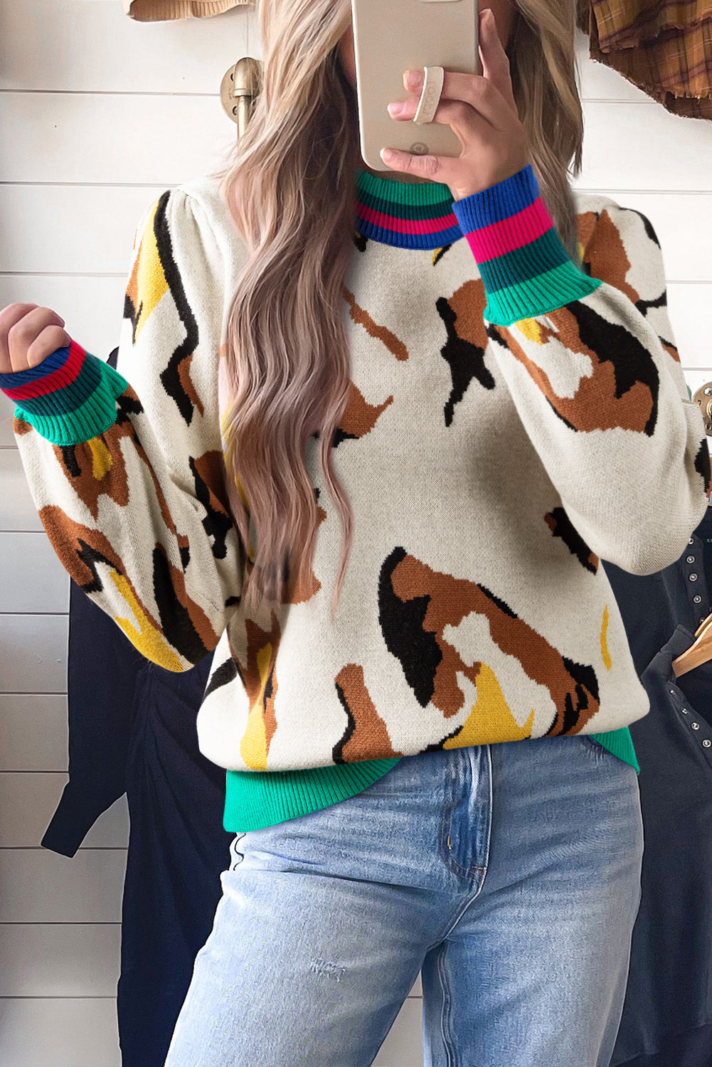 Apricot Contrast Ribbed Stripes Animal Pattern Knit Sweater