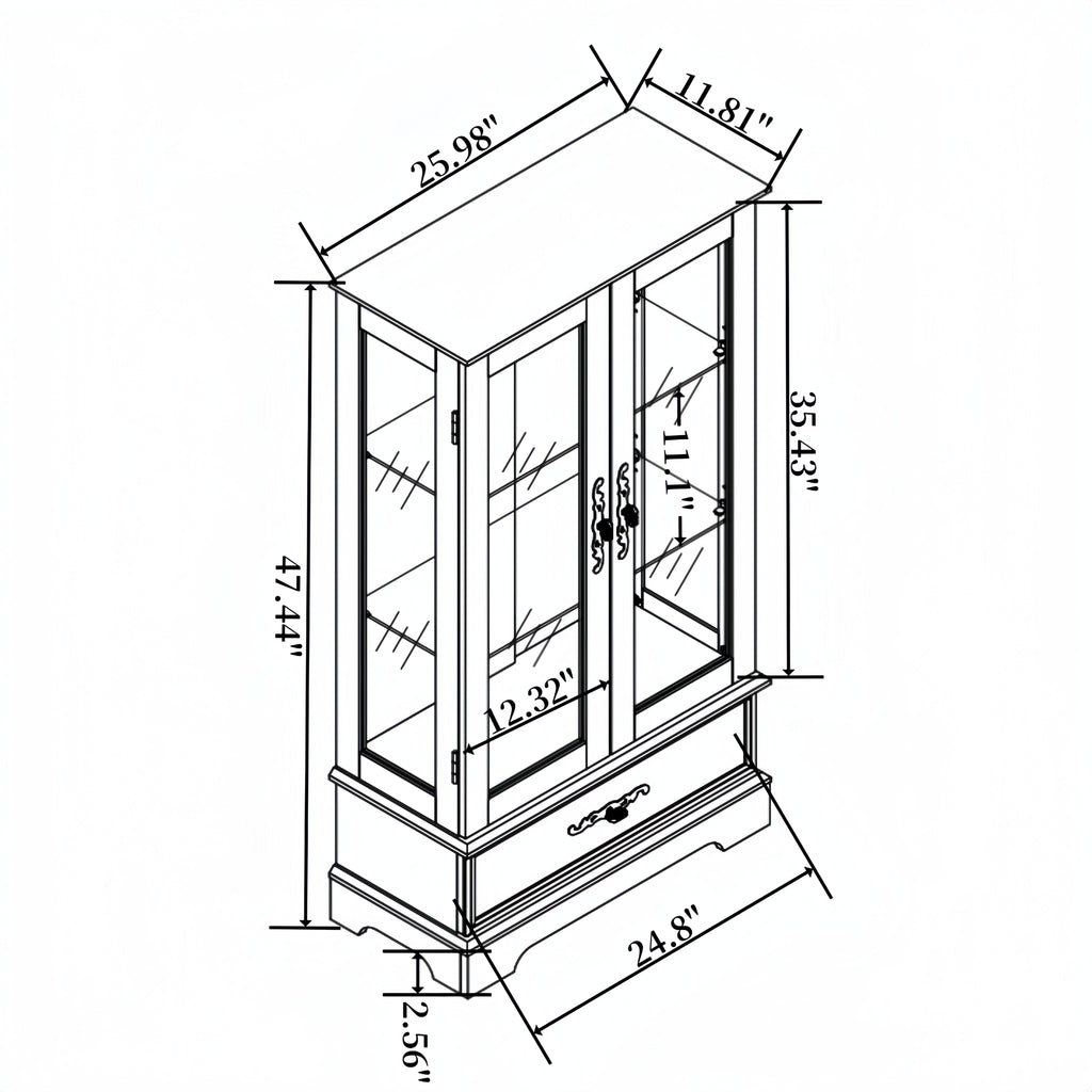 Light colored glass cabinet with adjustable glass frame, including cabinet light bulbs OAK with 2 doors and 1 drawer