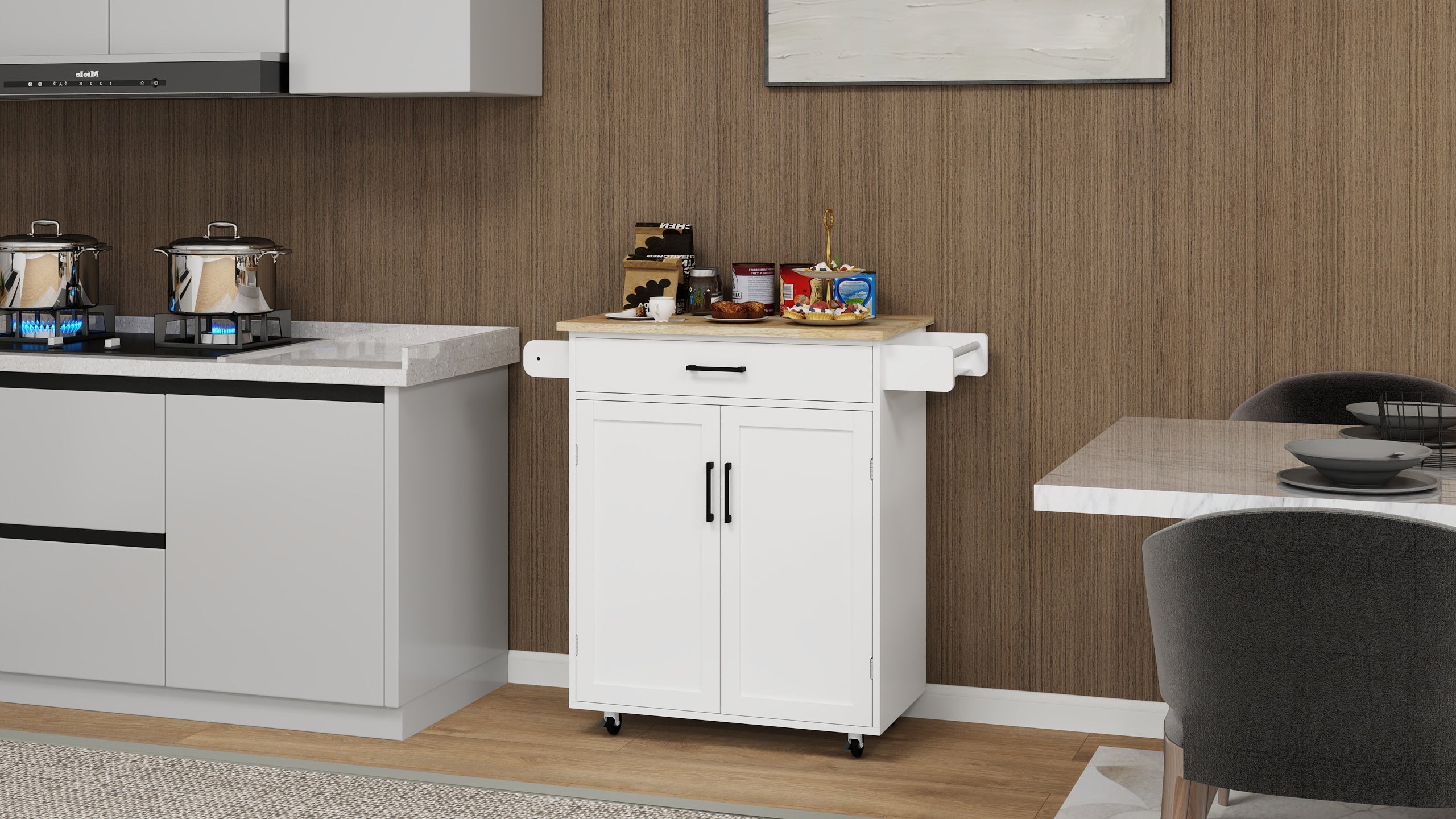 Kitchen island rolling trolley cart with 1 drawer & 2 doors with storage racks & Adjustable Shelves & towel rack