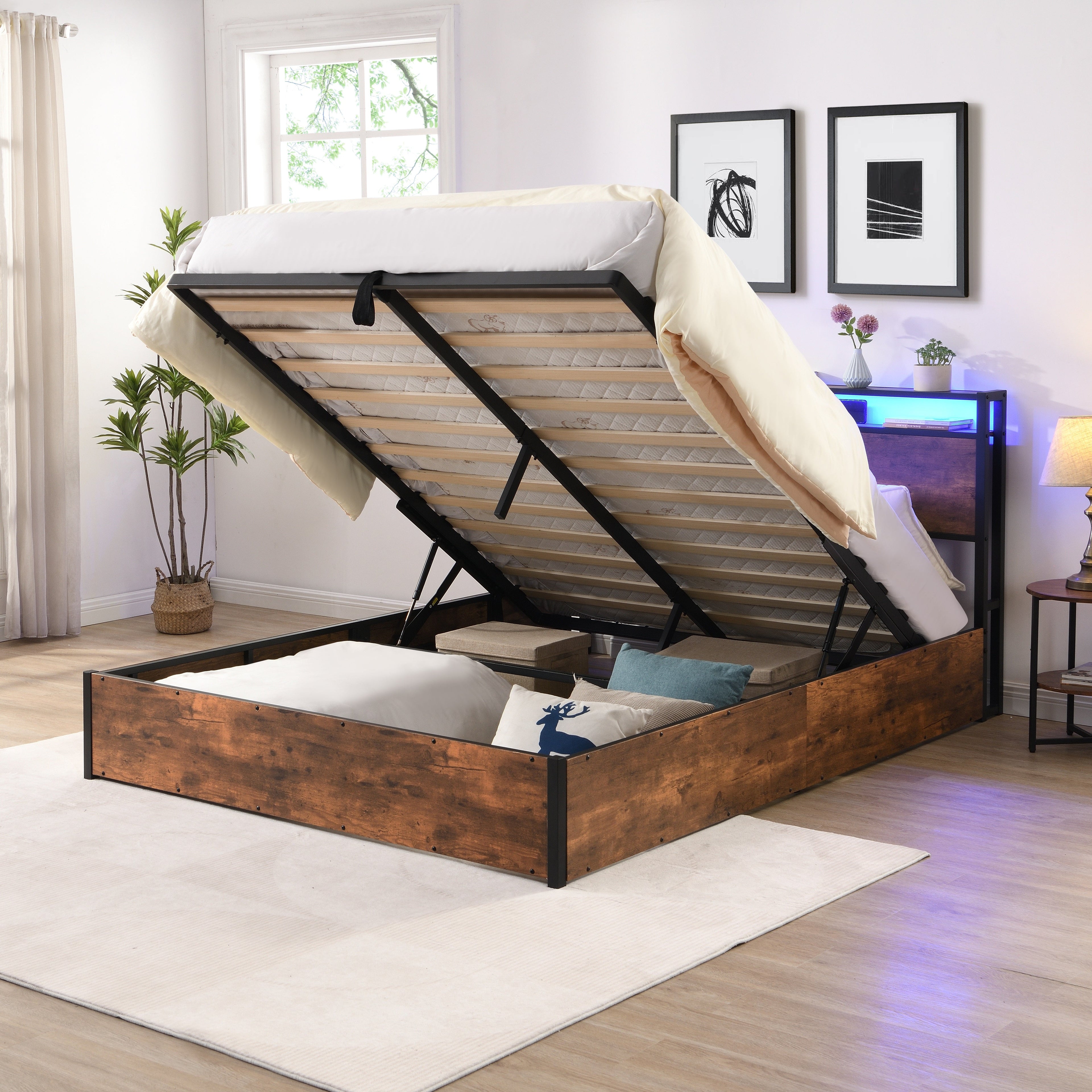 Elevating storage bed frame, full-size bed frame with bookshelf headboard and LED lights, with country brown color