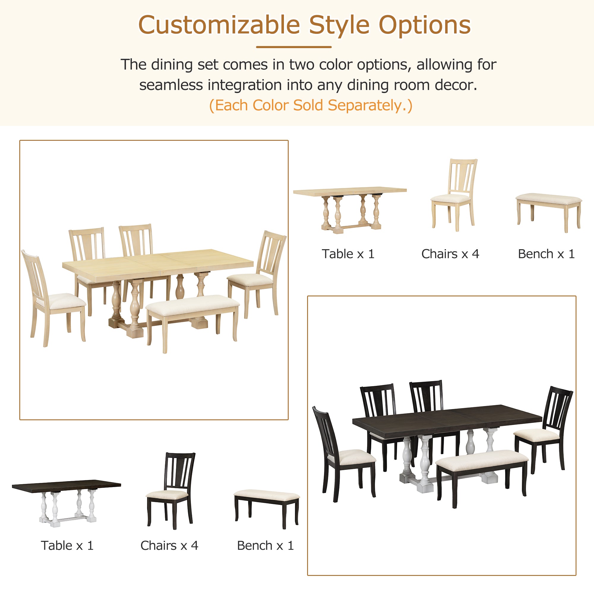 Traditional 6-Piece 78inch Trestle Extendable Dining Table Set with One 18inch Removable Leaf Distressed White
