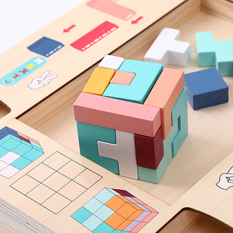 Wooden children's enlightenment multifunctional spatial thinking puzzle game Tetris three in one building blocks