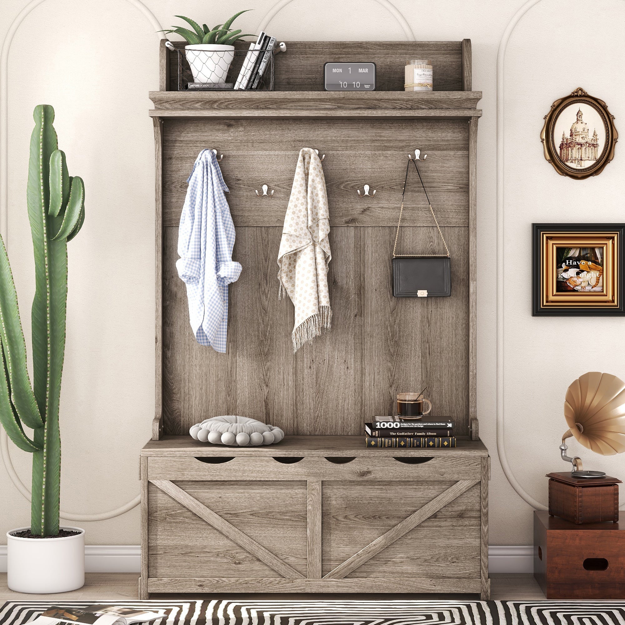 Hall tree with storage desk, entrance desk with drawers and 5 hooks, display rack,Oak