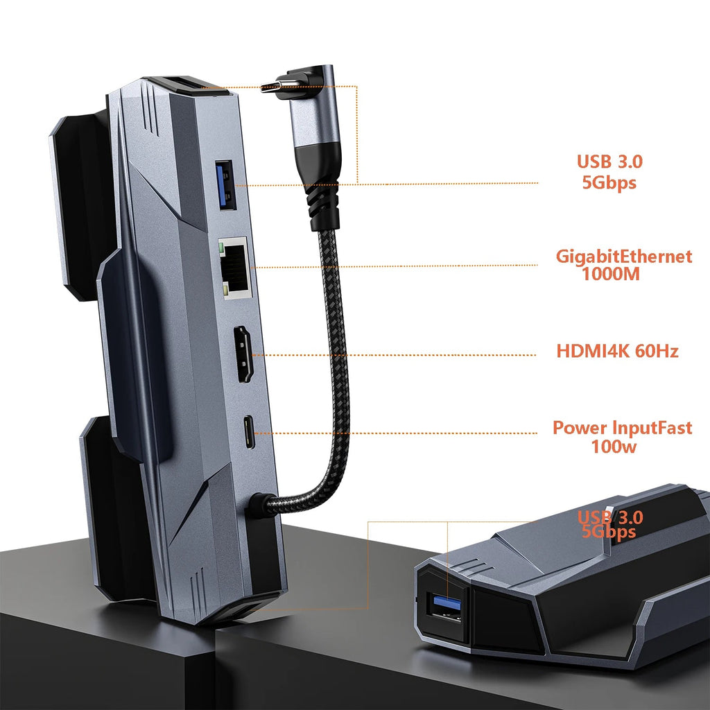Steam Deck Dock 6 in 1 Steam Deck Rog Ally Docking Station Stand Accessories 3*USB 3.0 HDMI 4K@60Hz Gigabit Ethernet PD 100W Hub