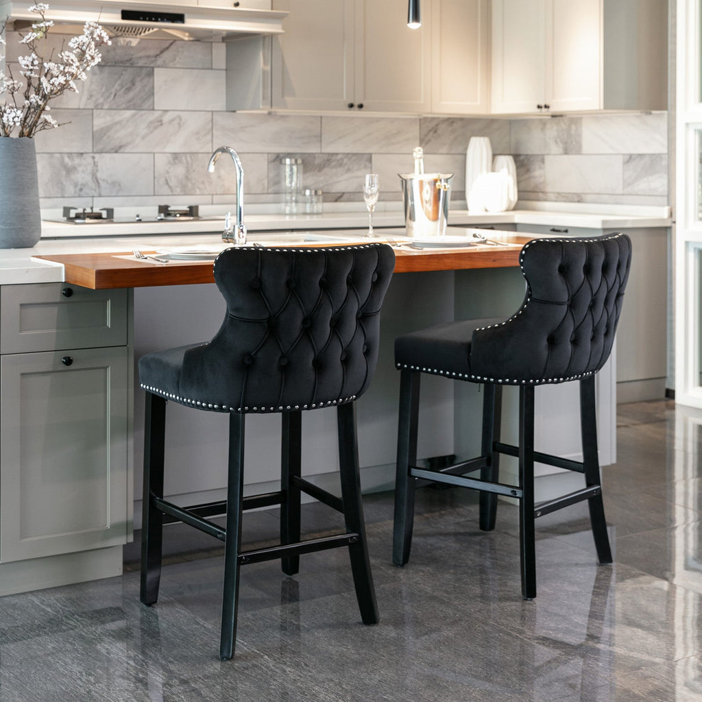 Velvet padded wing back bar stool with button cluster decoration and wooden leg chrome nail head decoration 2-piece set (black)