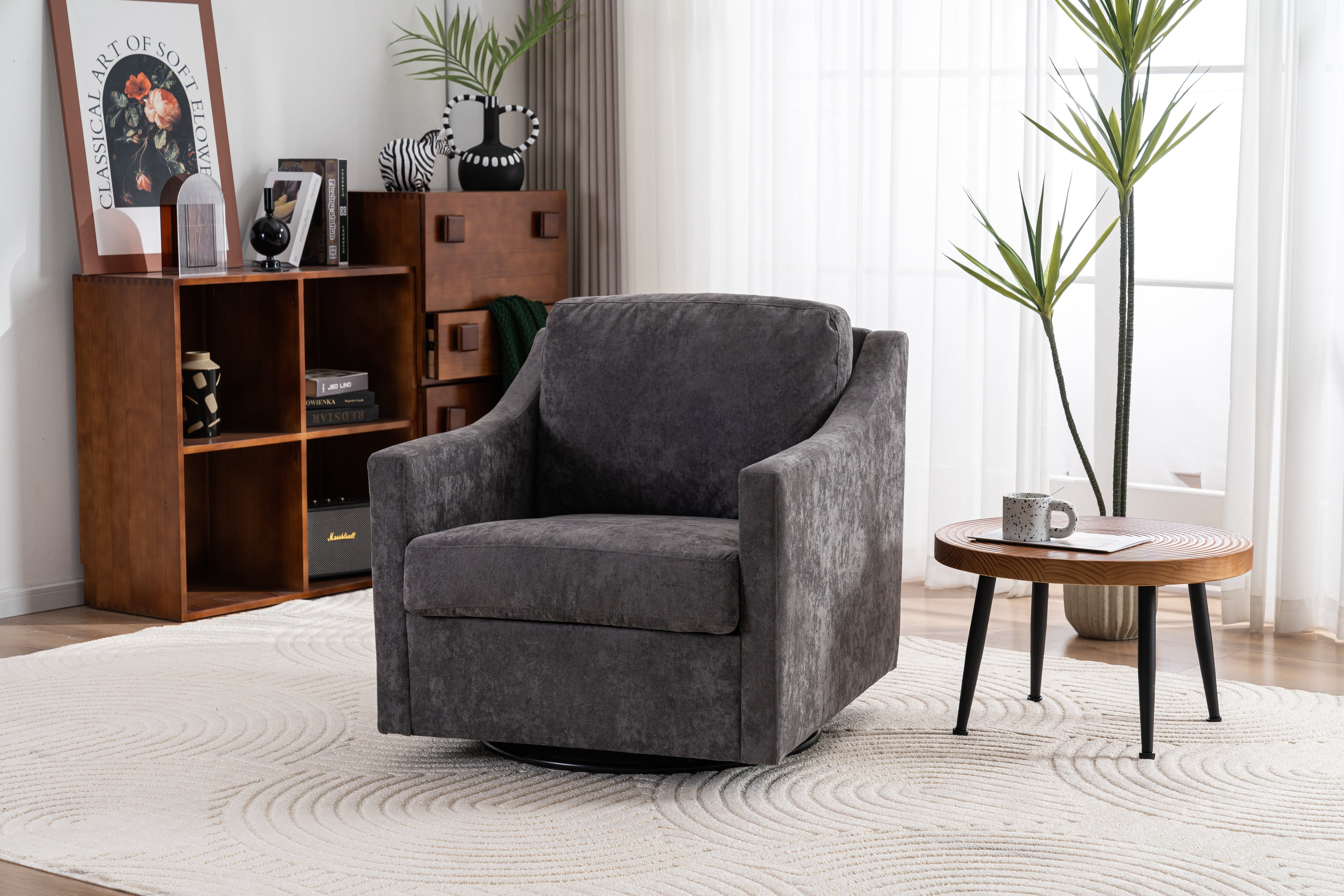 Large swivel chair, soft cushion armchair, modern chair, skin friendly gradient linen fabric, comfortable sitting gray