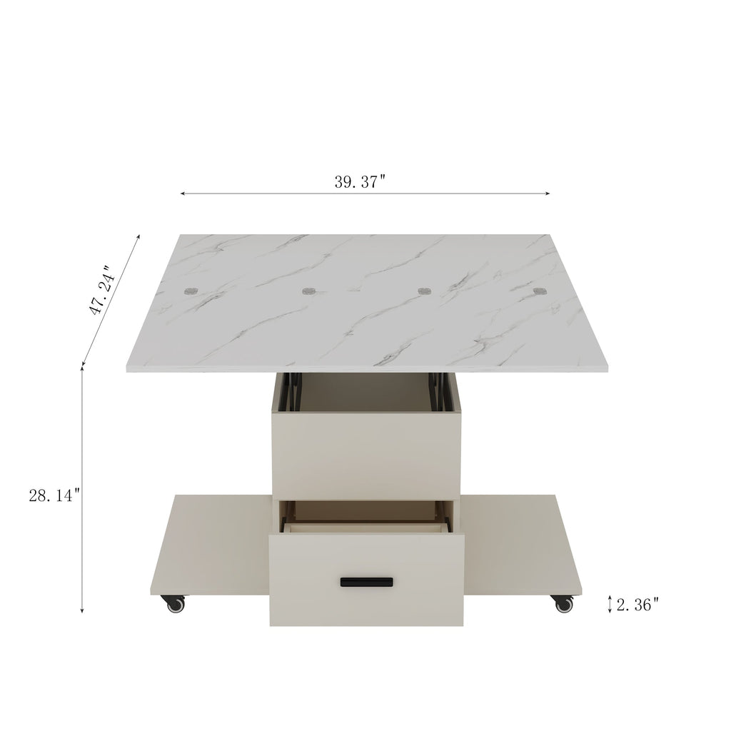 Modern lift coffee table, living room with 4 chairs, expandable 1 hidden storage space+2 drawers, folding dining table