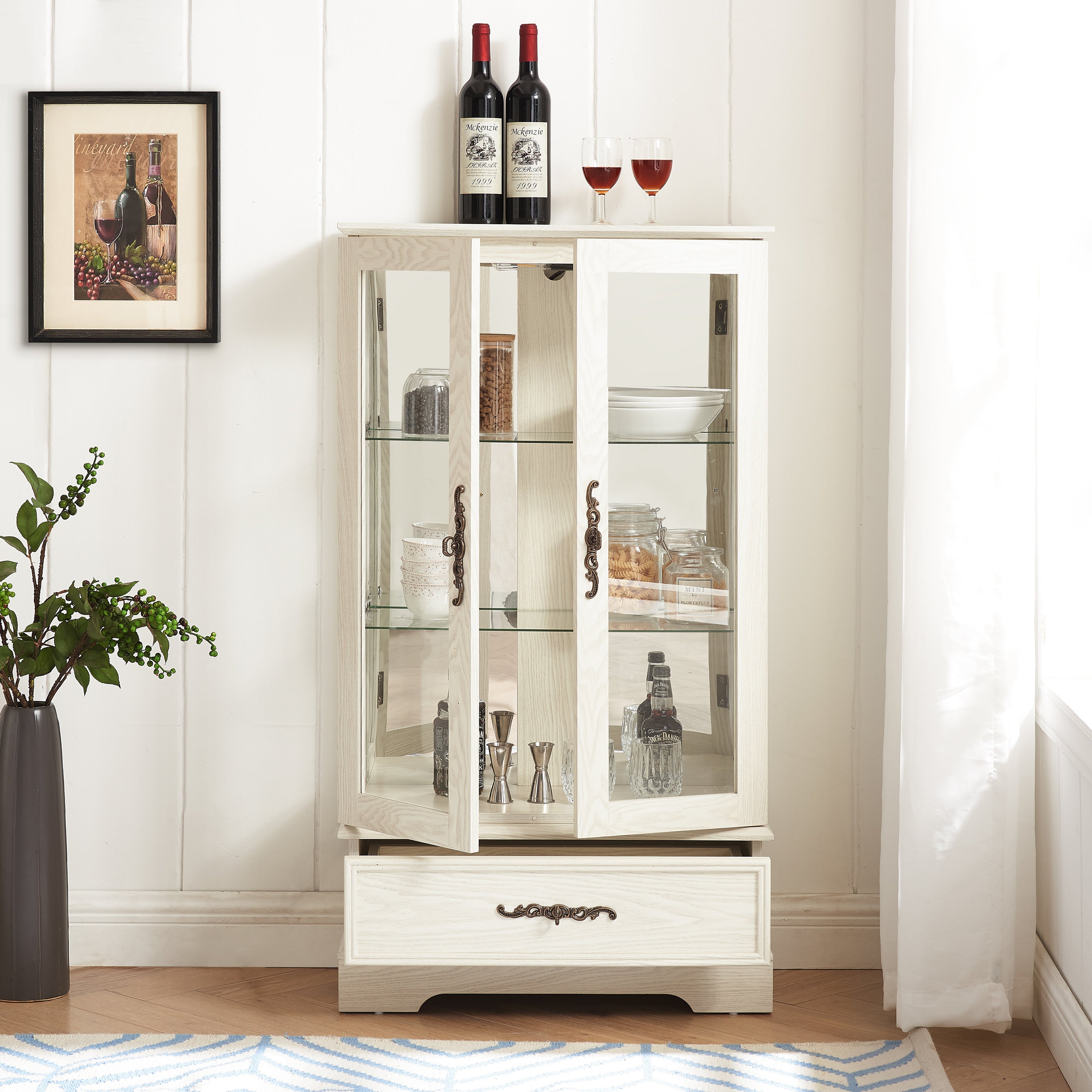 Light colored glass cabinet Curio display cabinet with adjustable glass frame, 2 doors and 1 drawer, including white light bulbs