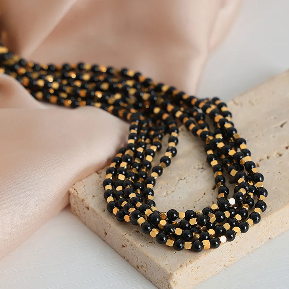 Square titanium steel gold-plated natural black agate stone handmade bead necklace jewelry for women