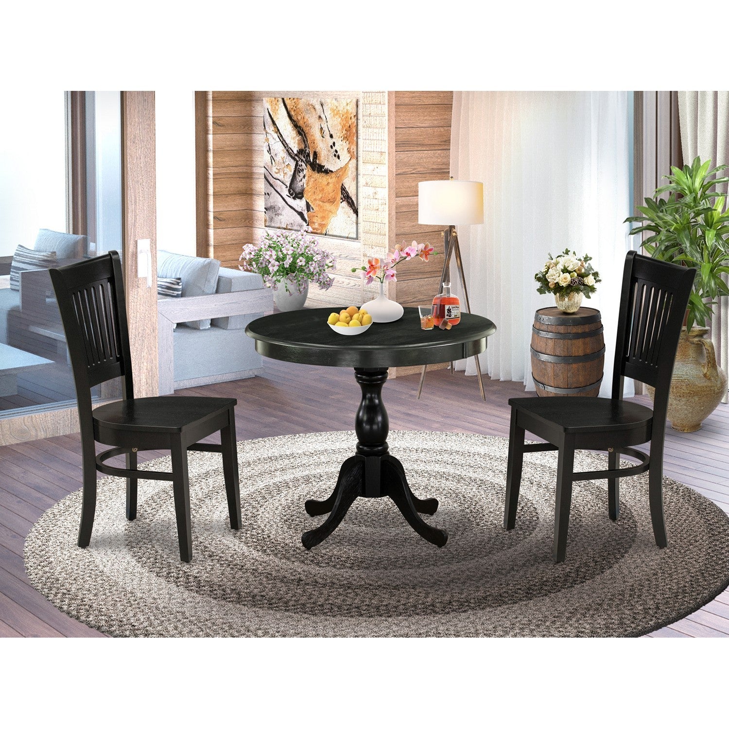 EAST WEST FURNITURE - AMVA3-BLK-W - 3-Pc Dinette Room Set- 2 Modern Dining Room Chair and Kitchen Dining Table - Wooden Seat and Slatted Chair Back (Black Finish)