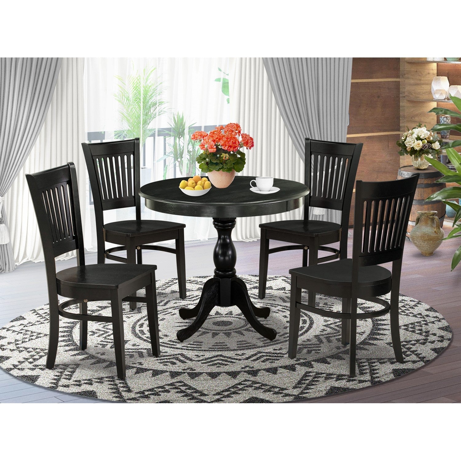 EAST WEST FURNITURE - AMVA5-BLK-W - 5-Piece Kitchen Dining Set- 4 Dining Chair and Modern Round Dining Table - Wooden Seat and Slatted Chair Back (Black Finish)
