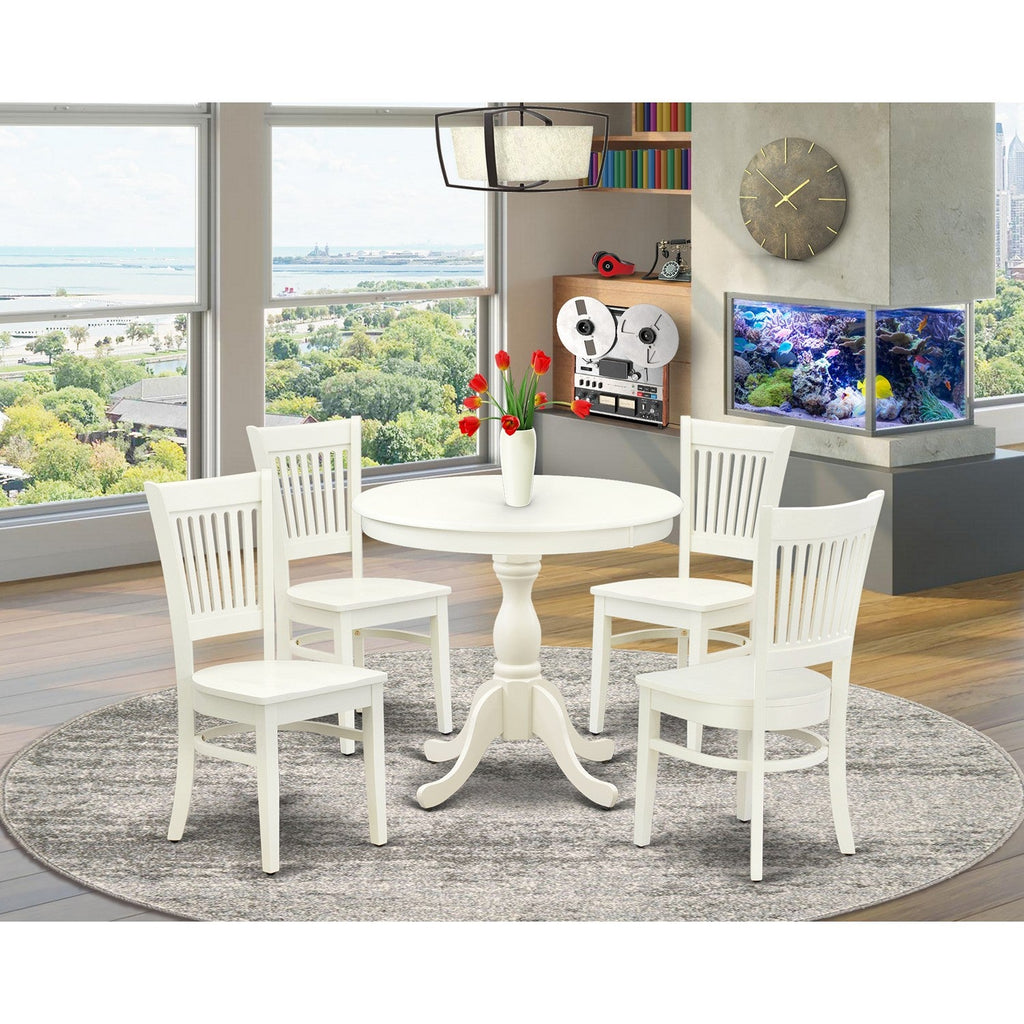 EAST WEST FURNITURE - AMVA5-LWH-W - 5-Pc Dinette Set- 4 dining room chairs and Modern dining room table - Wooden Seat and Slatted Chair Back (linen white Finish)