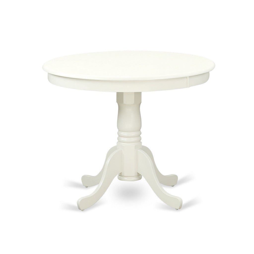 EAST WEST FURNITURE - ANVA3-LWH-C - 3-Pc Dining Room Table Set- 2 Wooden Chairs and Round Dining Table - Linen Fabric Seat and Slatted Chair Back (linen white Finish)