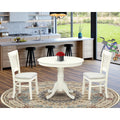 EAST WEST FURNITURE - ANVA3-LWH-C - 3-Pc Dining Room Table Set- 2 Wooden Chairs and Round Dining Table - Linen Fabric Seat and Slatted Chair Back (linen white Finish)
