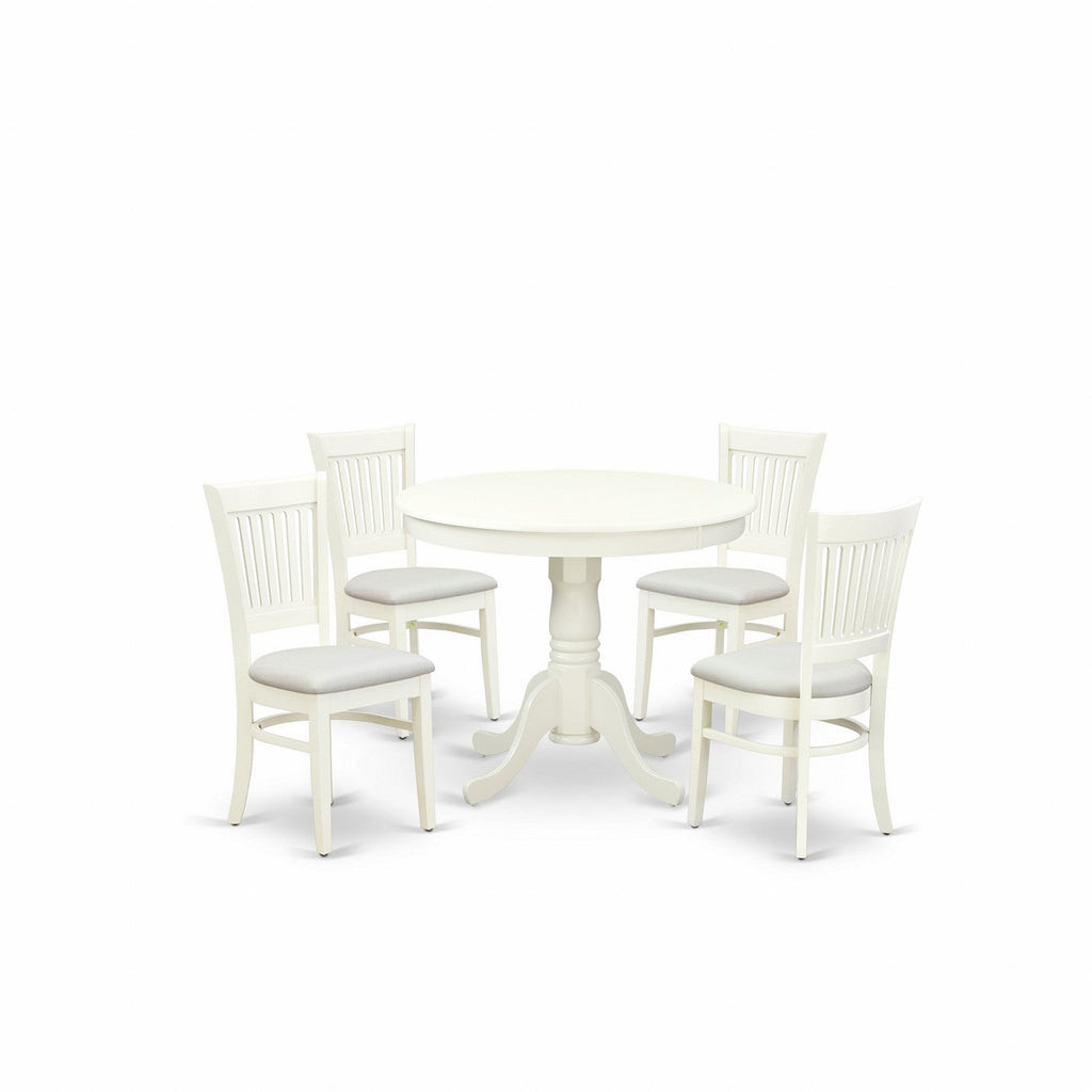 EAST WEST FURNITURE - ANVA5-LWH-C - 5-Piece Dining Table Set- 4 dining room chairs and Wooden Dining Table - Linen Fabric Seat and Slatted Chair Back (linen white Finish)