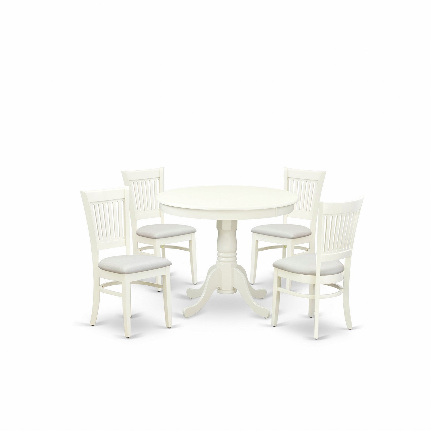 EAST WEST FURNITURE - ANVA5-LWH-C - 5-Piece Dining Table Set- 4 dining room chairs and Wooden Dining Table - Linen Fabric Seat and Slatted Chair Back (linen white Finish)