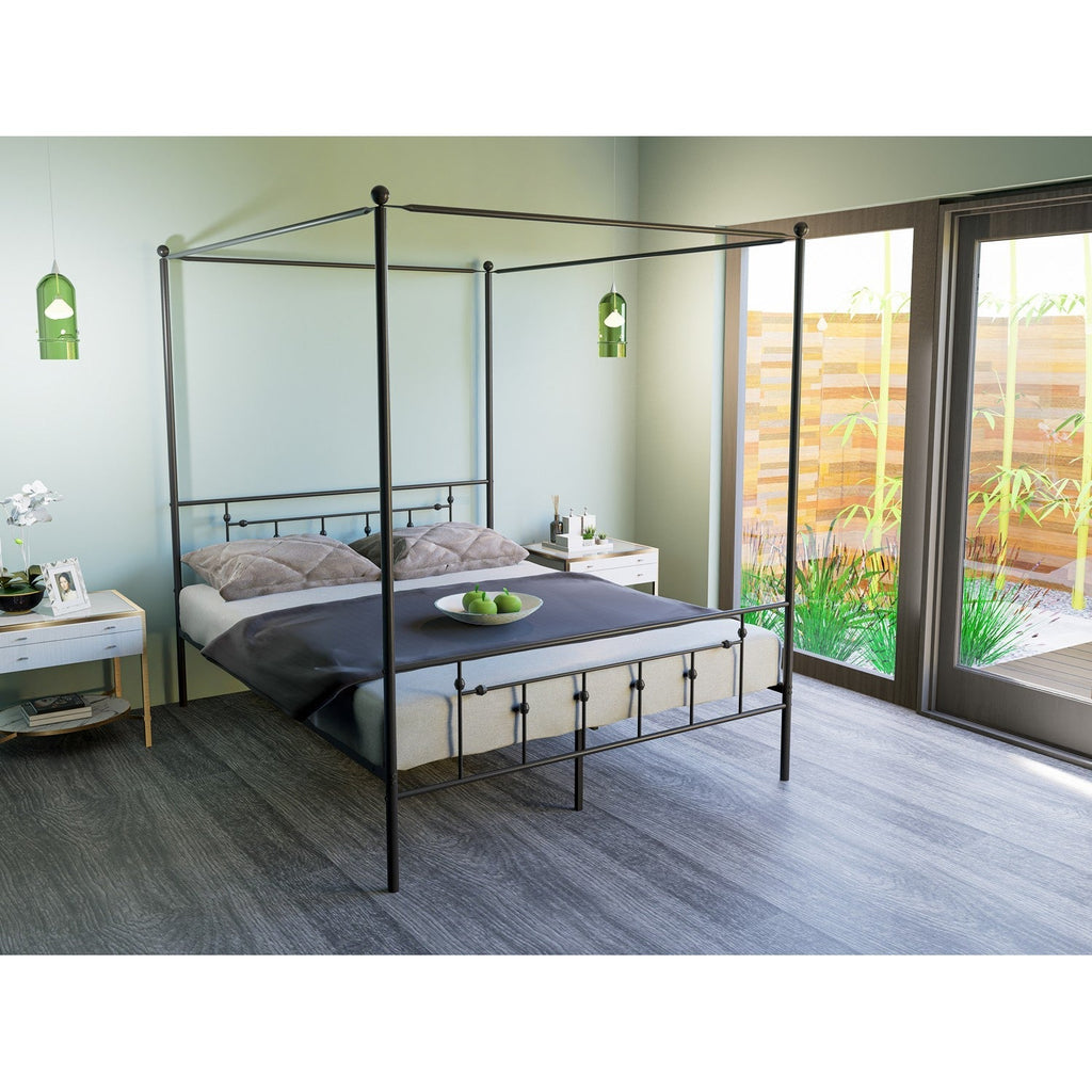 EAST WEST FURNITURE - ATQCBLK - Anniston Canopy Bed with Deluxe Style Headboard and Footboard - Luxurious Metal Frame in Powder Coating Black
