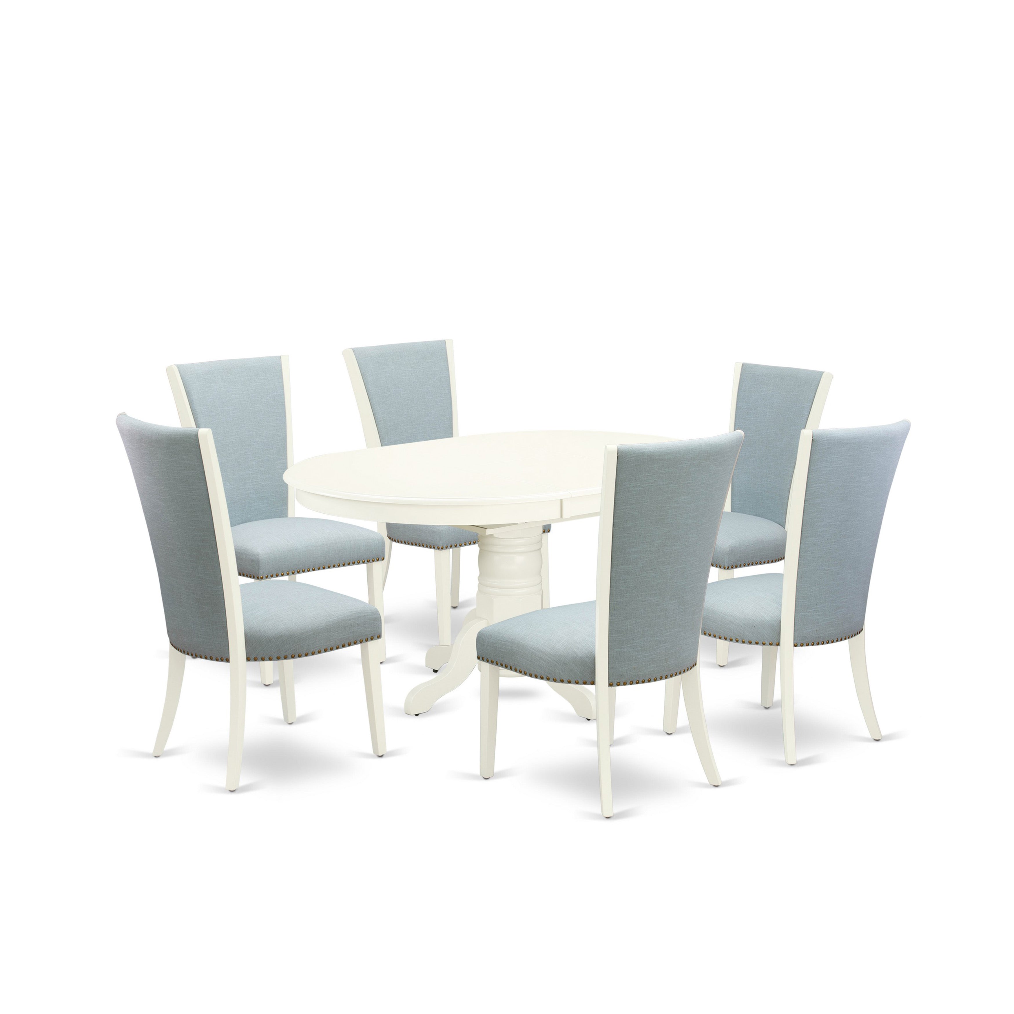 EAST WEST FURNITURE - AVVE7-LWH-15 - 7 Piece Dining Room Table Set - 6 Baby Blue Linen Fabric Dining Room Chairs with High Back and 1 Oval Dining Table - Removable leaf - linen white Finish