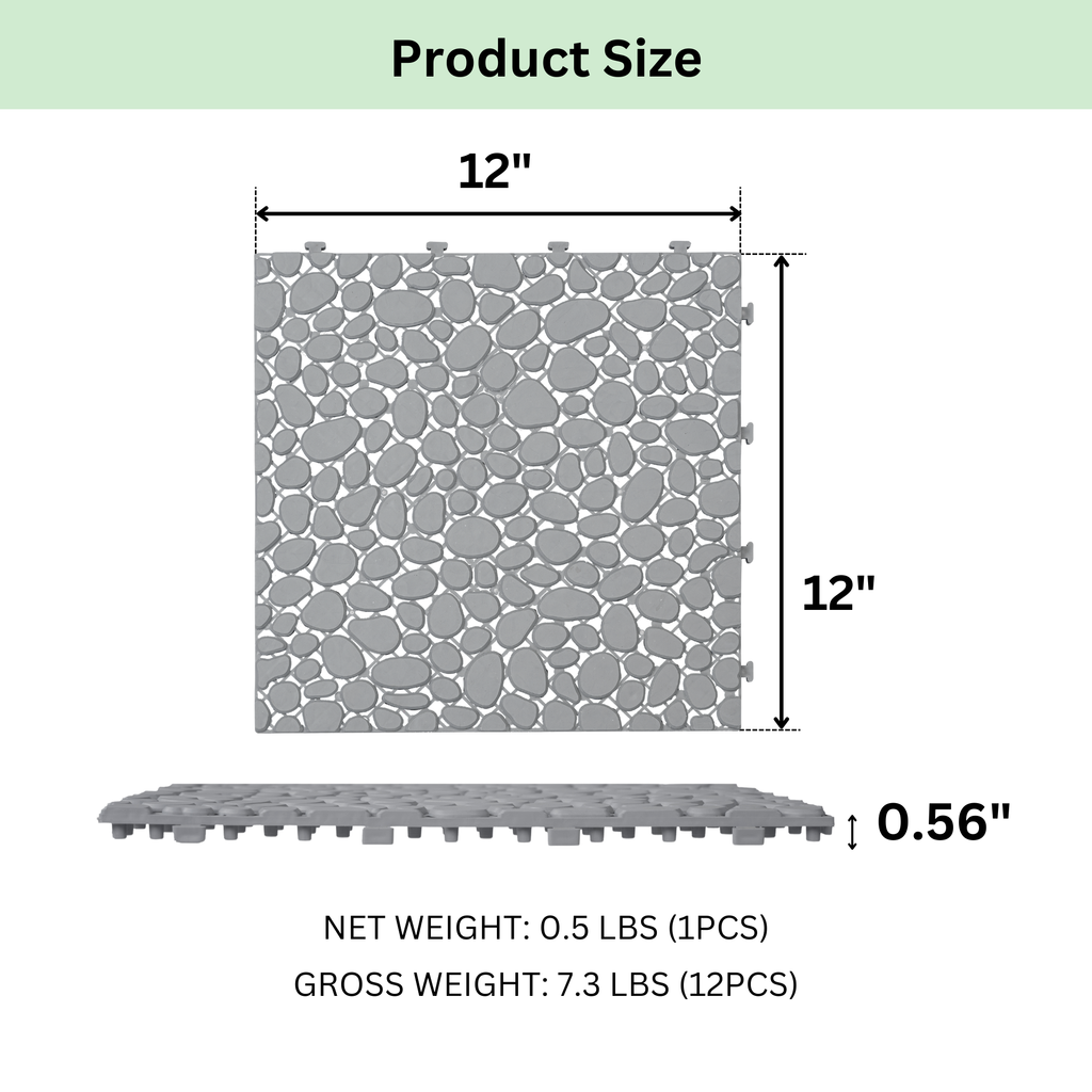 12 x 12 inch gray interlocking deck tiles, plastic waterproof pebble pattern, pack of 12 pieces