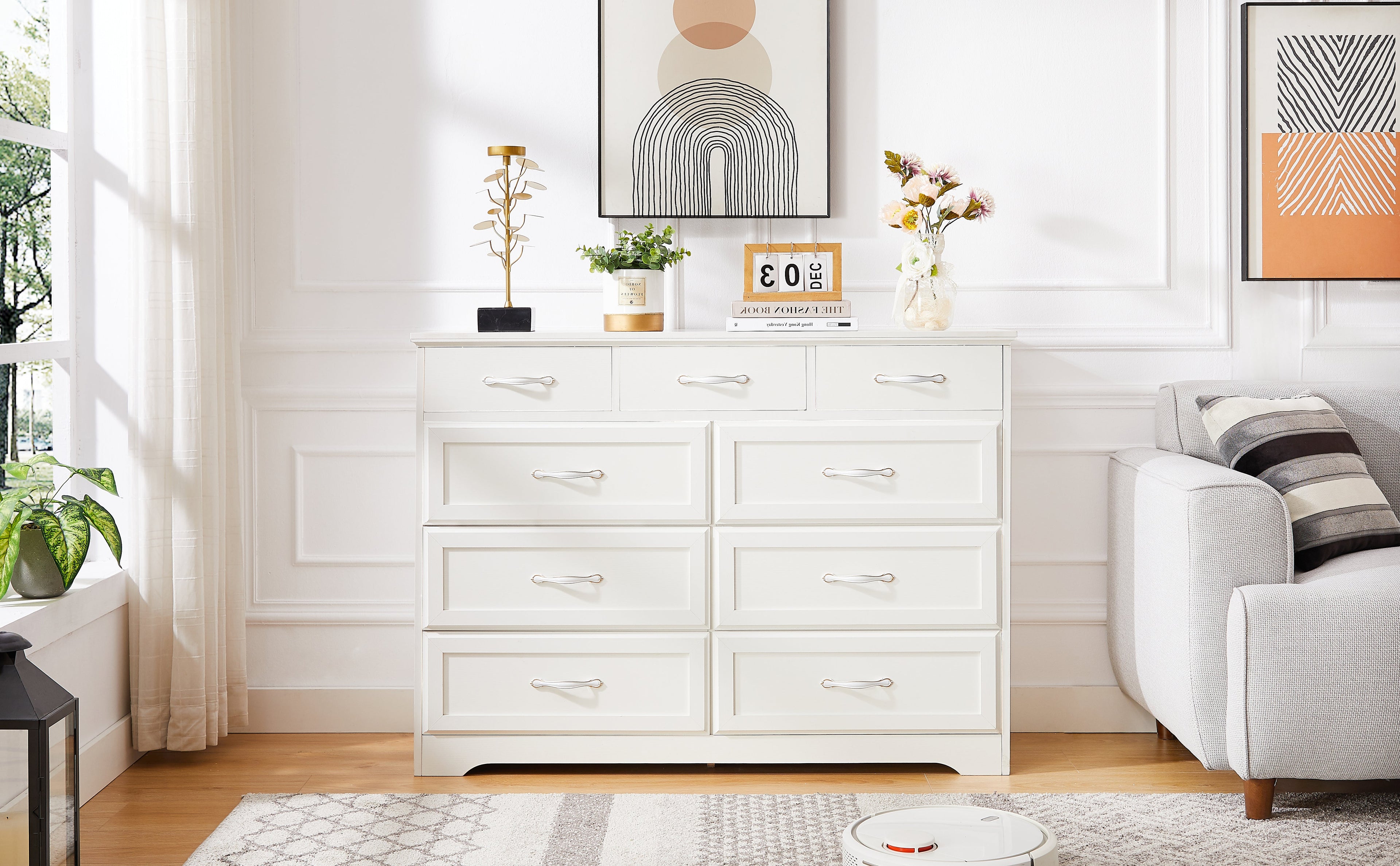 Bedroom dresser 9 drawer long dresser with antique handles wood chest of drawers for kids room 47.56''W x 15.75''D x 34.45''H