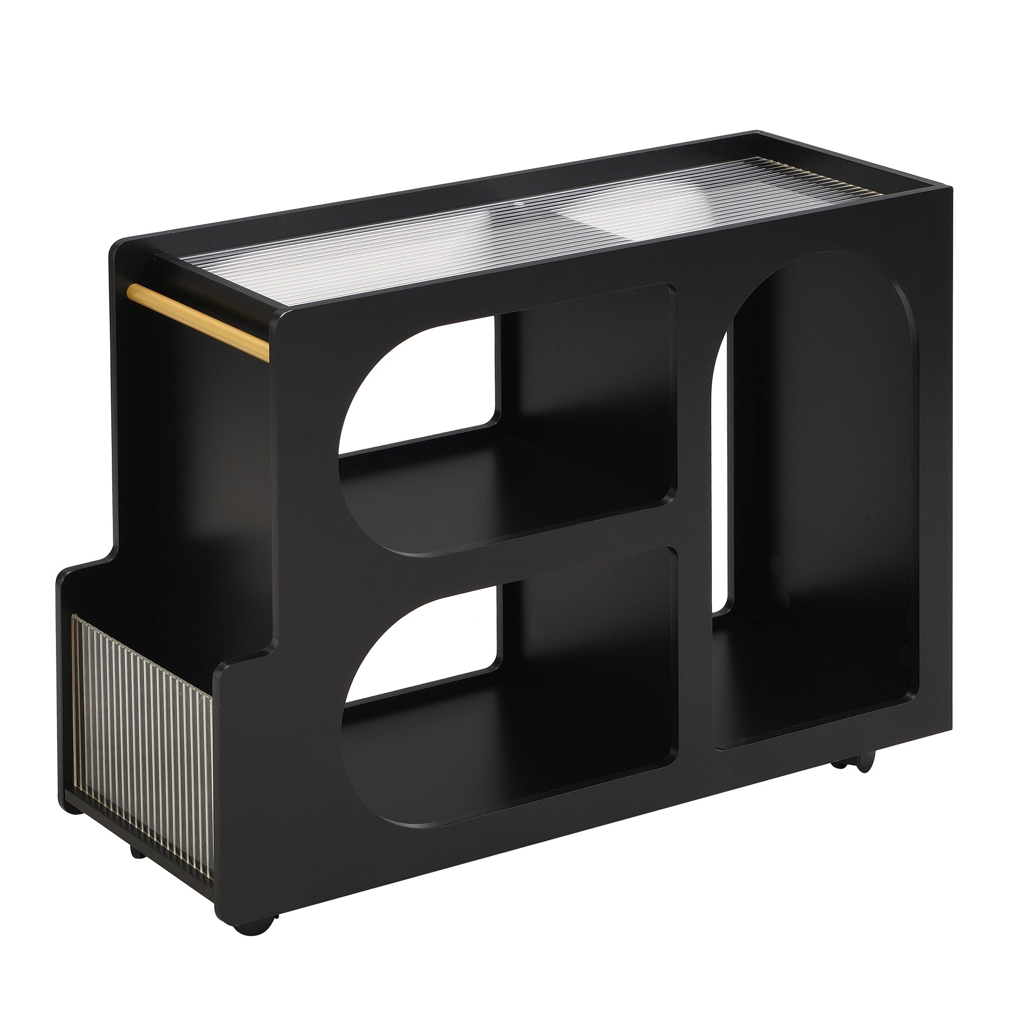 Stylish mobile desk with lockable wheels,bedside table with 5mm thick grooved tempered glass and gold round bars ，black
