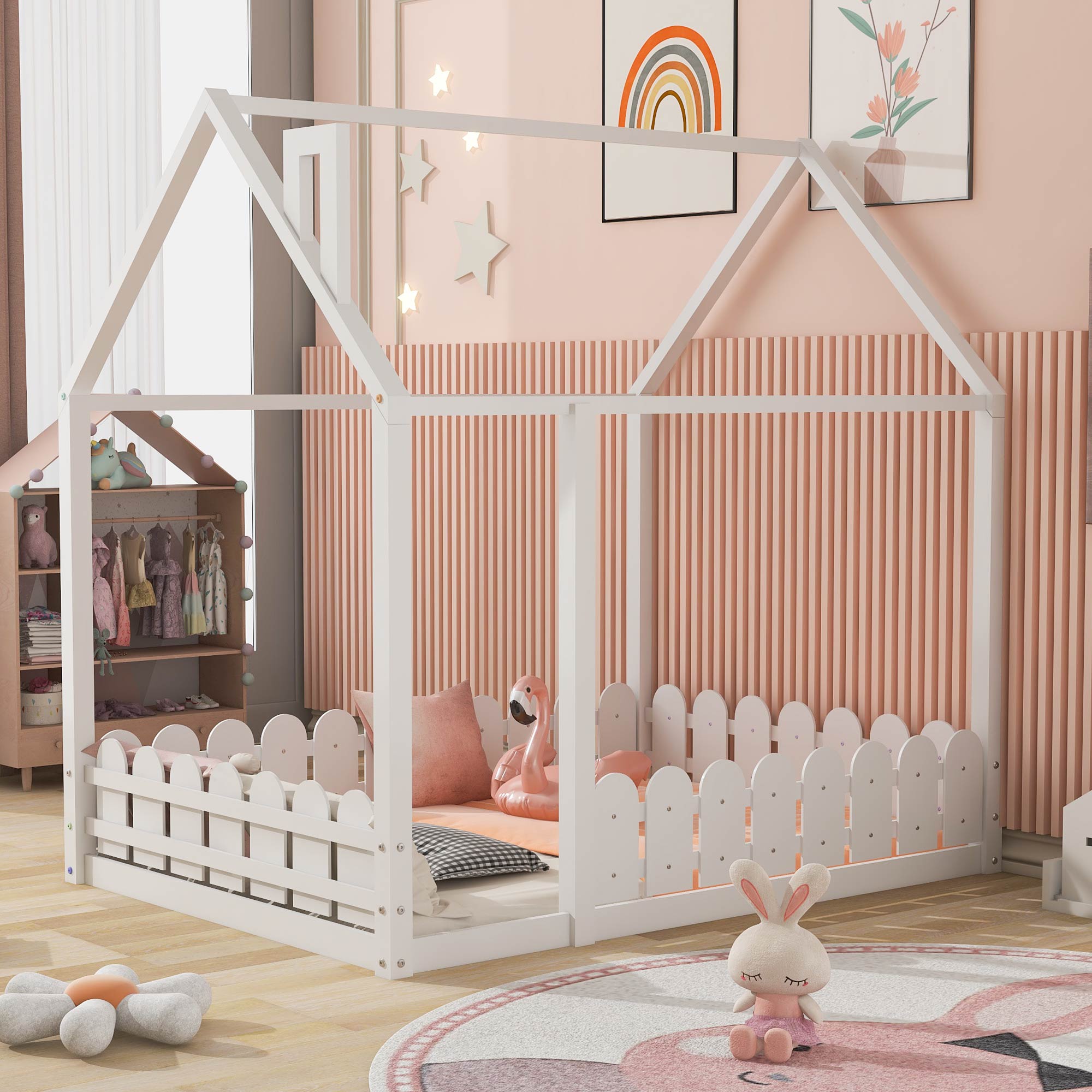 (Slats are not included) Full Size Wood Bed House Bed Frame with Fence for Kids Teens Girls Boys (White )