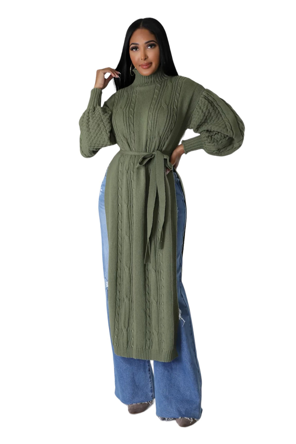 Long Knit Midi Mock Neck Sweater with Slits