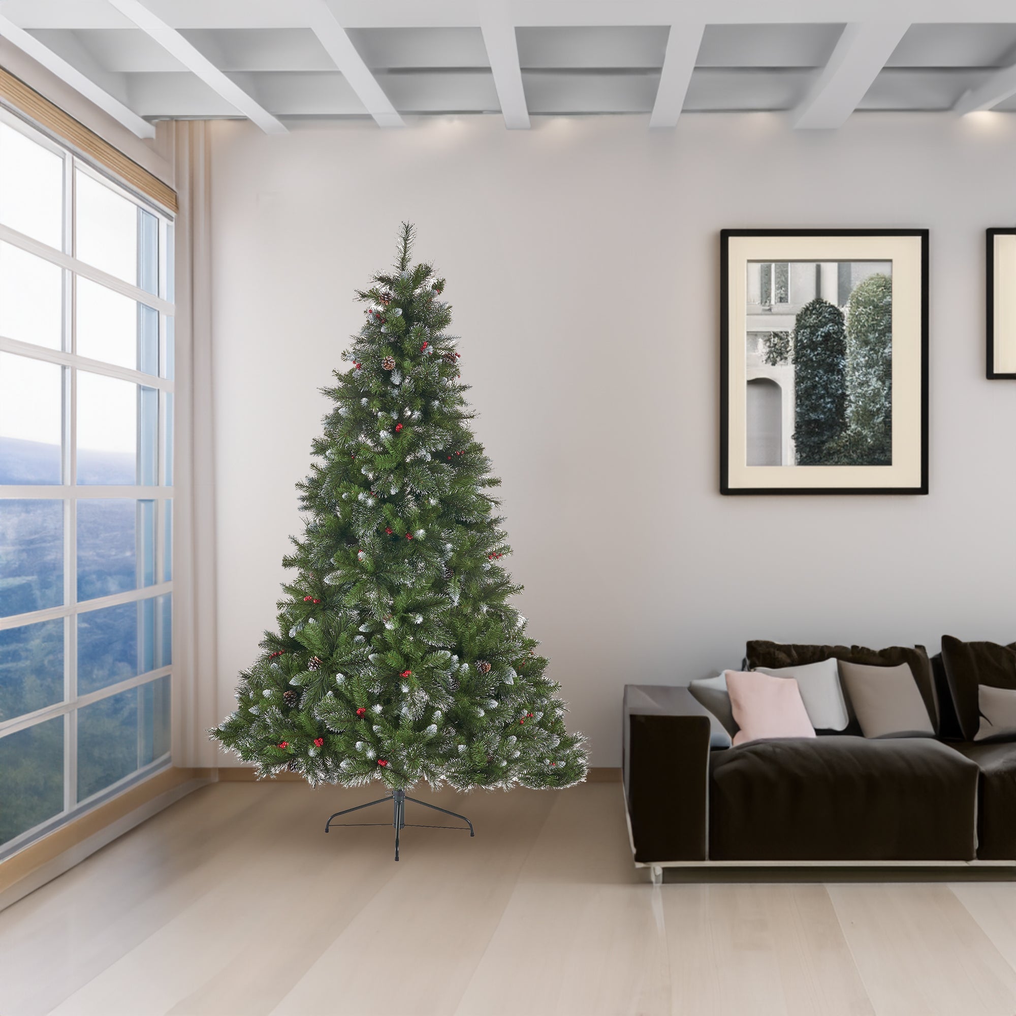 9' Glitter Bristle Mixed Hinged Tree with 72 Red Berry and 73 Pine Cones and 2099 tips,Dia:66