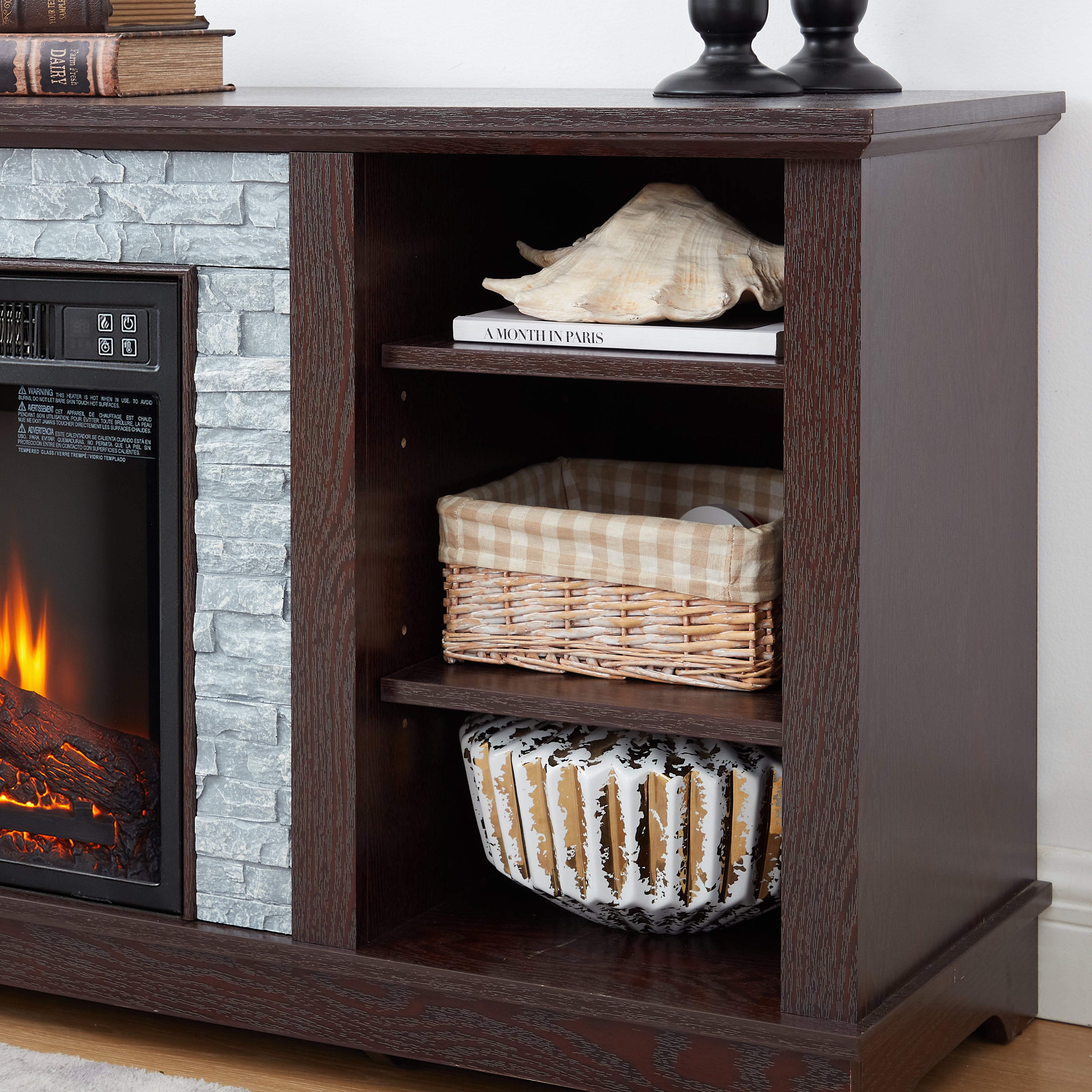 18 inch cherry colored fireplace with open entertainment console space, 58.31 inches wide, 15.39 inches deep, and 26.06 inches h