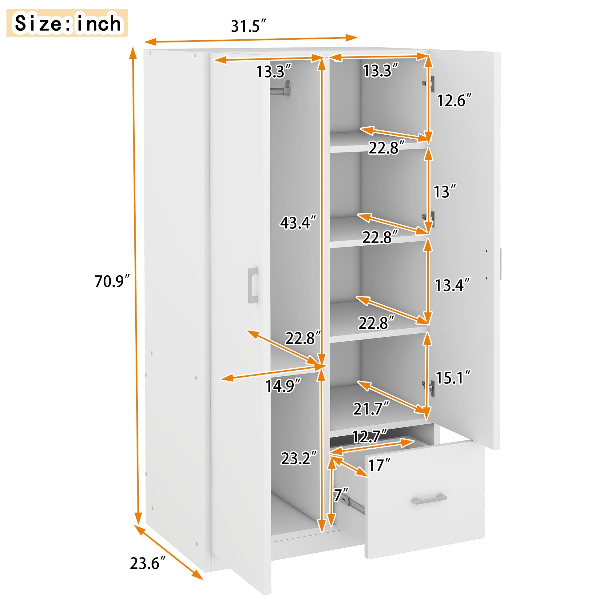 Wooden Wardrobe with Double Doors, Armoire with Hanging Rod, 5 Fixed Shelves, One Storage Drawer,White