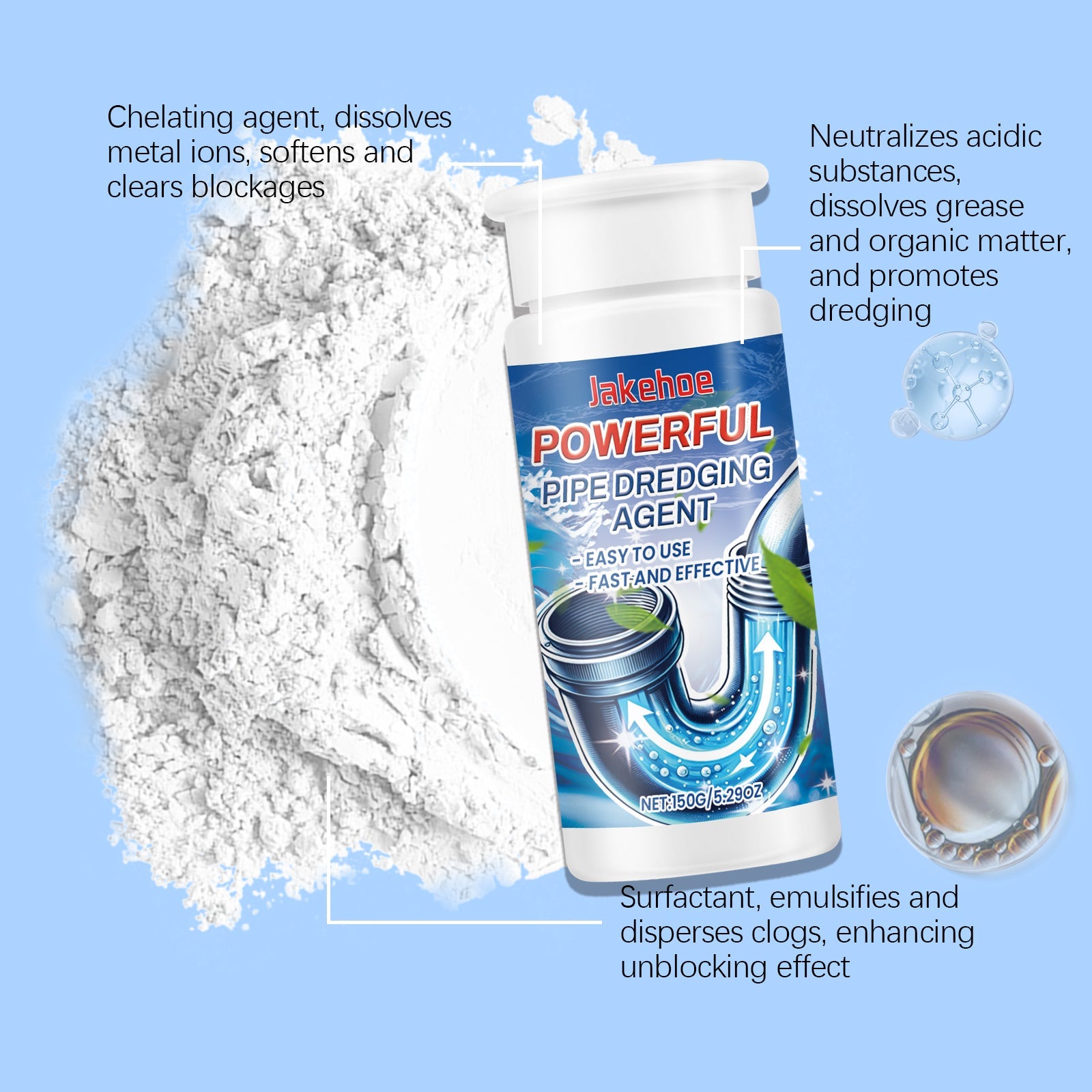 JAKEHOE drain Unclog cleaner, kitchen toilet sink drain clog unclog cleaner