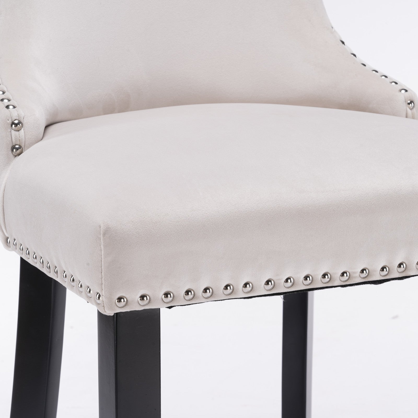 Velvet padded wing back bar stool with button tuft decoration and wooden leg chrome nail head decoration 2-piece set (beige)