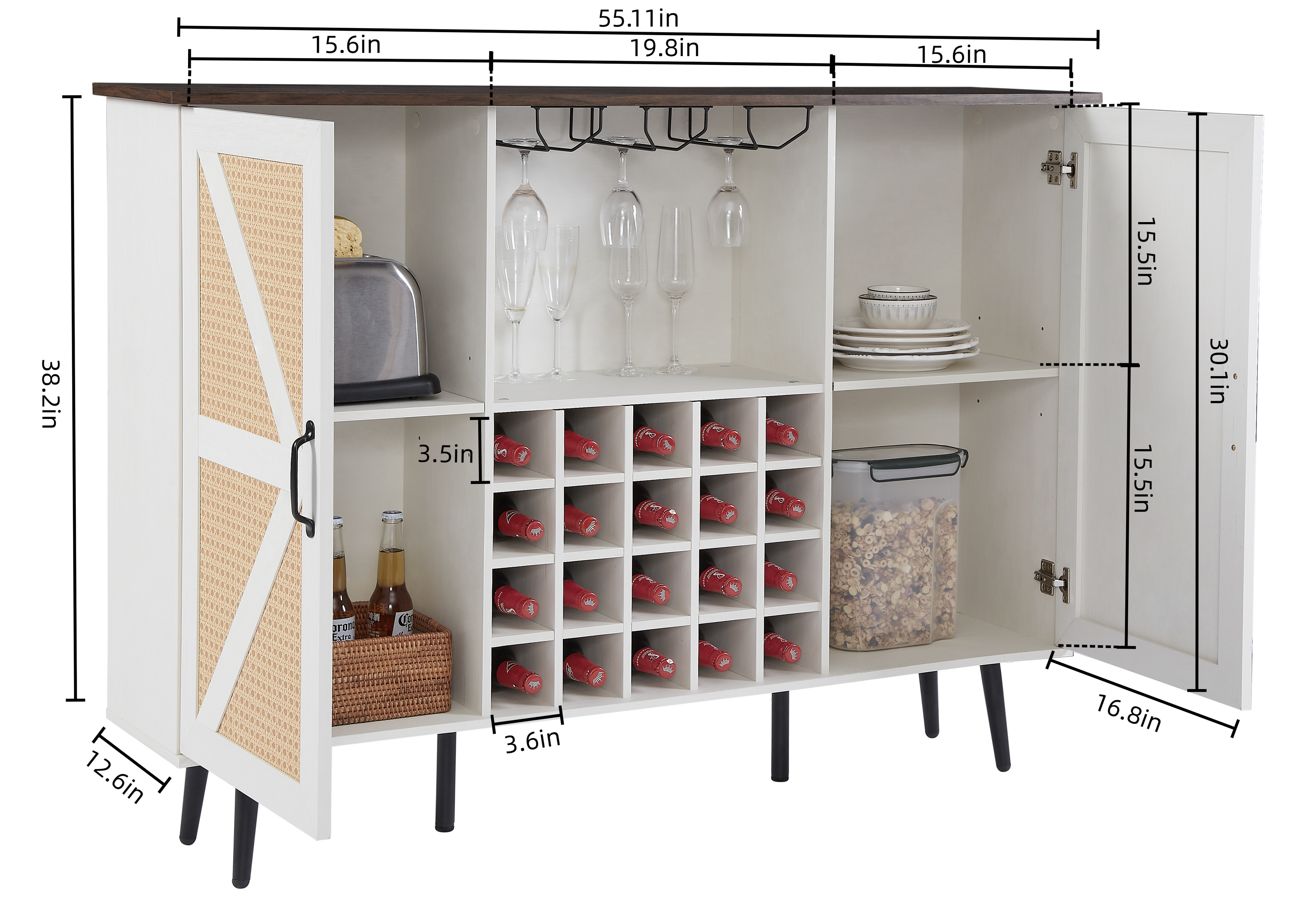 White Faux Rattan Barn Door Wine Cabinet with Wine Rack and Wine Glass Rack, Double Door Design with Removable Shelves