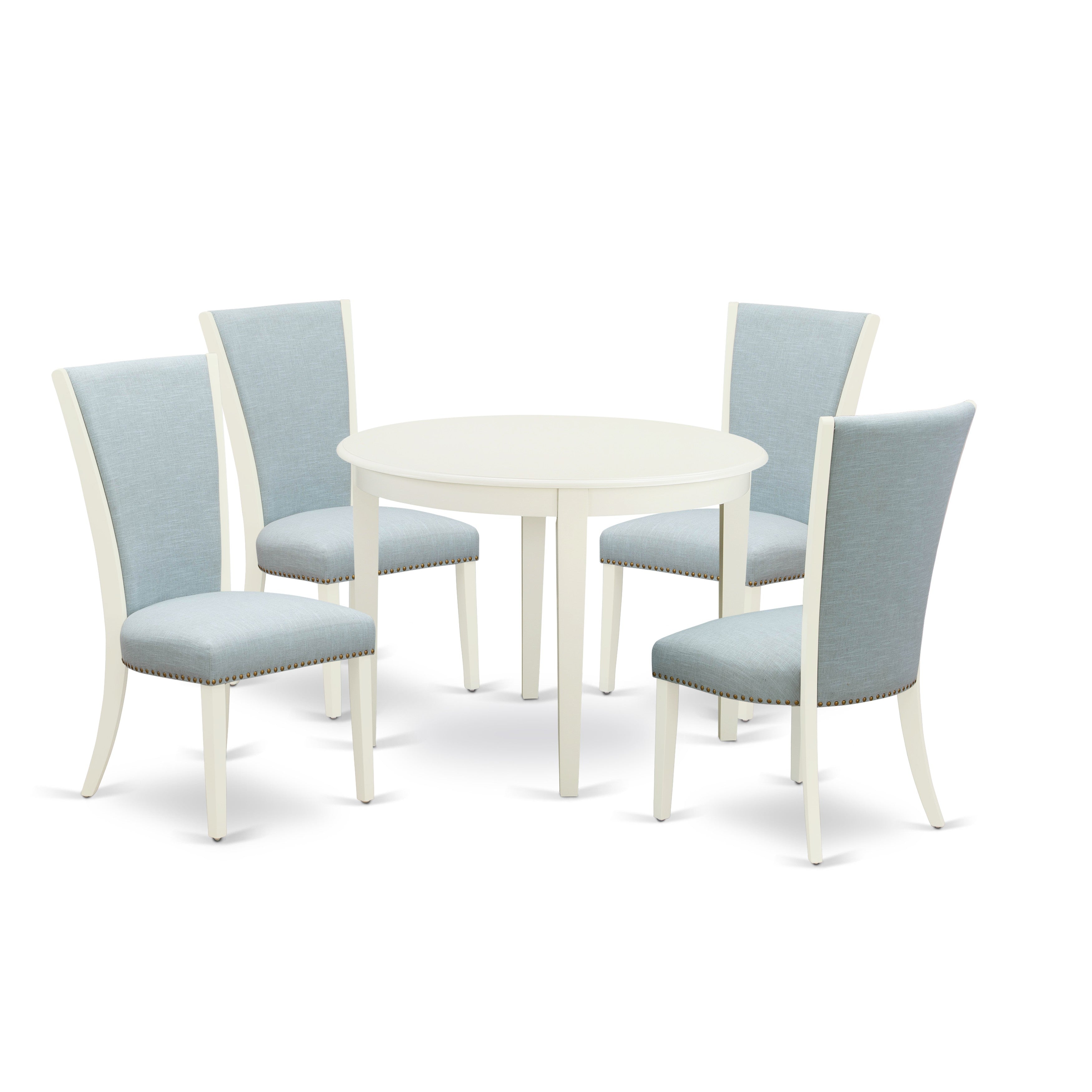 EAST WEST FURNITURE - BOVE5-WHI-15 - 5 Pc Modern Dining Table Set - 4 Baby Blue Linen Fabric Mid Century Dining Chairs with High Back and 1 Modern Dining Table - linen white Finish