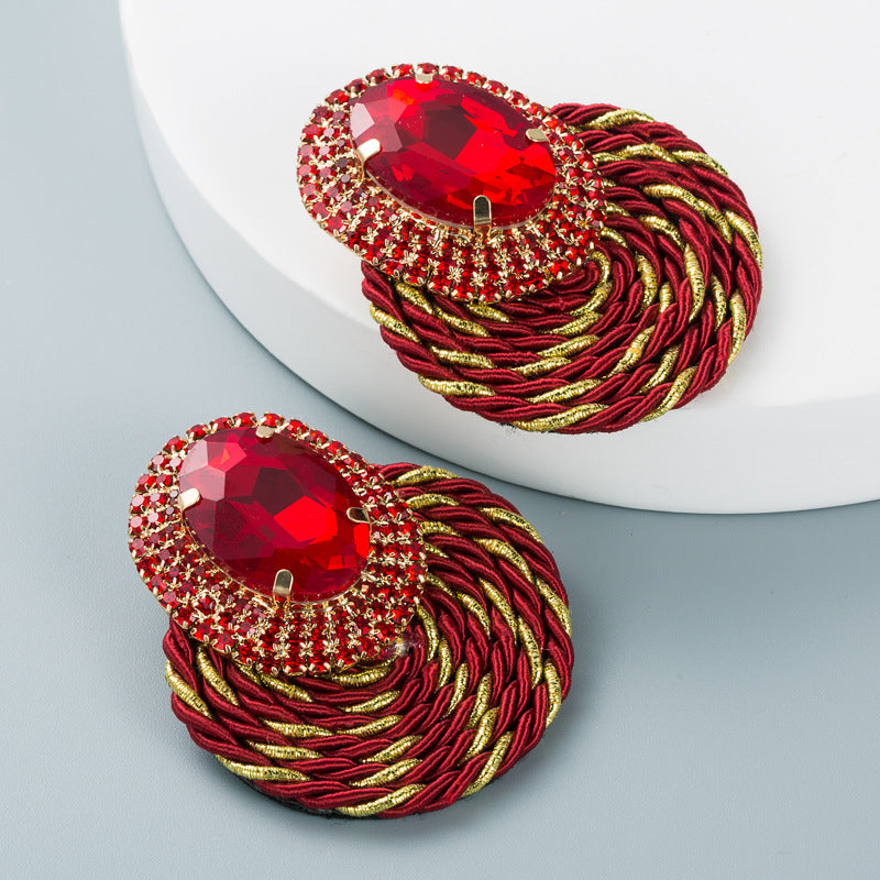 European And American Style Colored Diamond Series Personality Exaggerated Oval Glass Diamond Earrings Handmade Line Braided Earrings