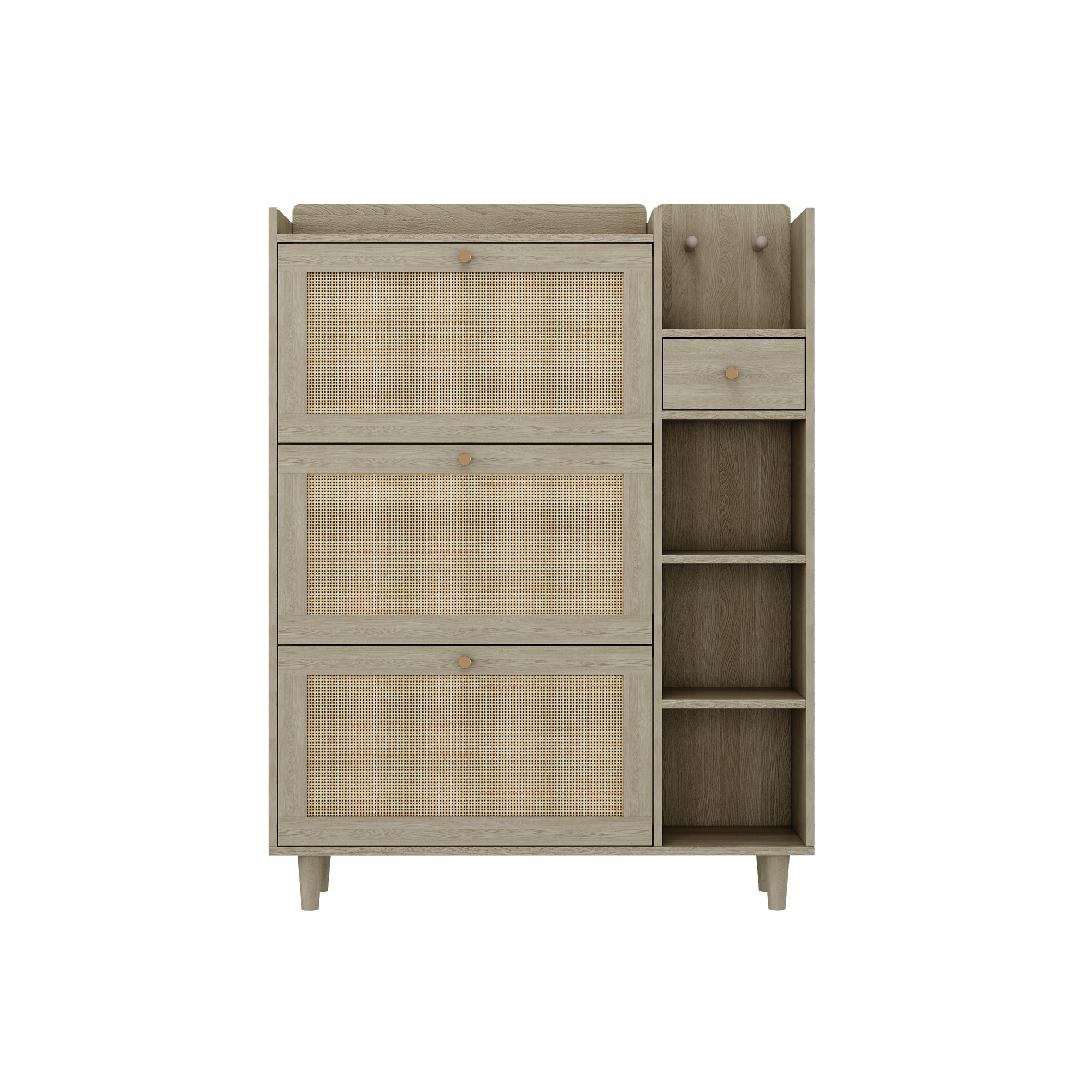 Natural Bohemian style shoe cabinet with 3 rattan flip drawers, 3 square shelves, and 1 storage drawer,  Natural